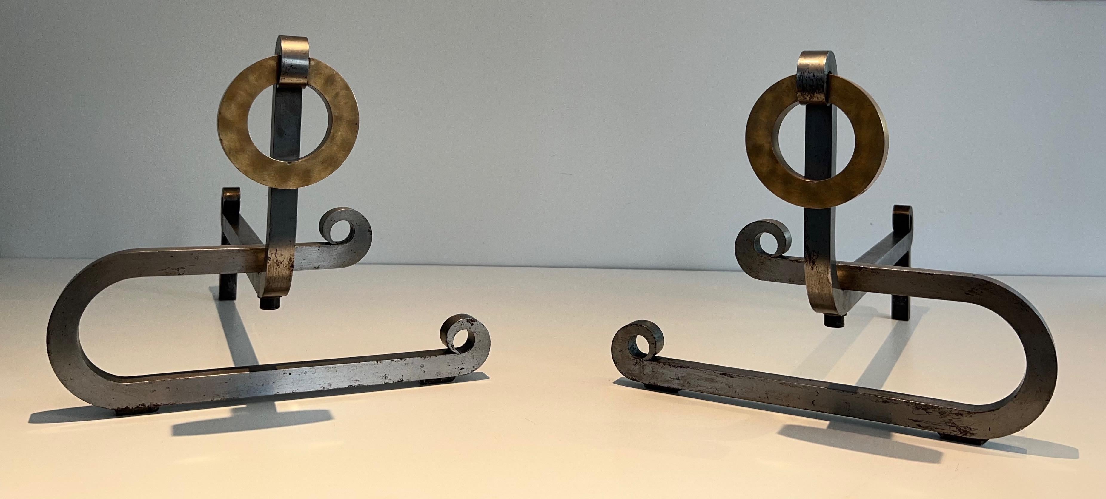 Pair of Modernist Brushed Steel, Brass and Iron Andirons For Sale 13