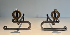 Pair of Modernist Brushed Steel, Brass and Iron Andirons