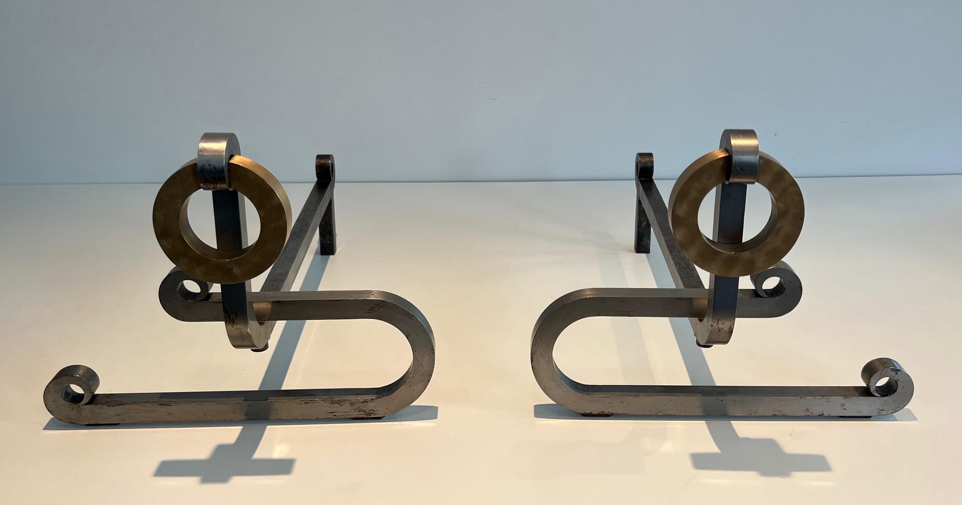 Pair of Modernist Brushed Steel, Brass and Iron Andirons For Sale 14