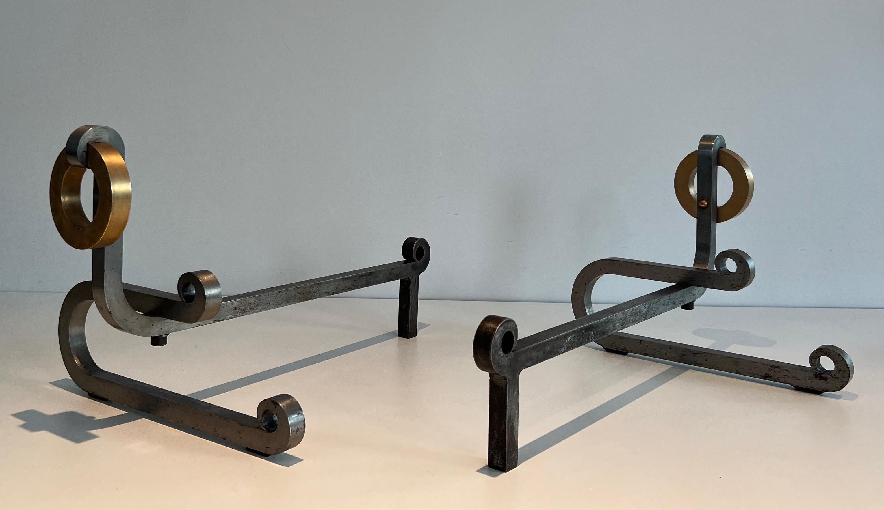 Mid-Century Modern Pair of Modernist Brushed Steel, Brass and Iron Andirons For Sale