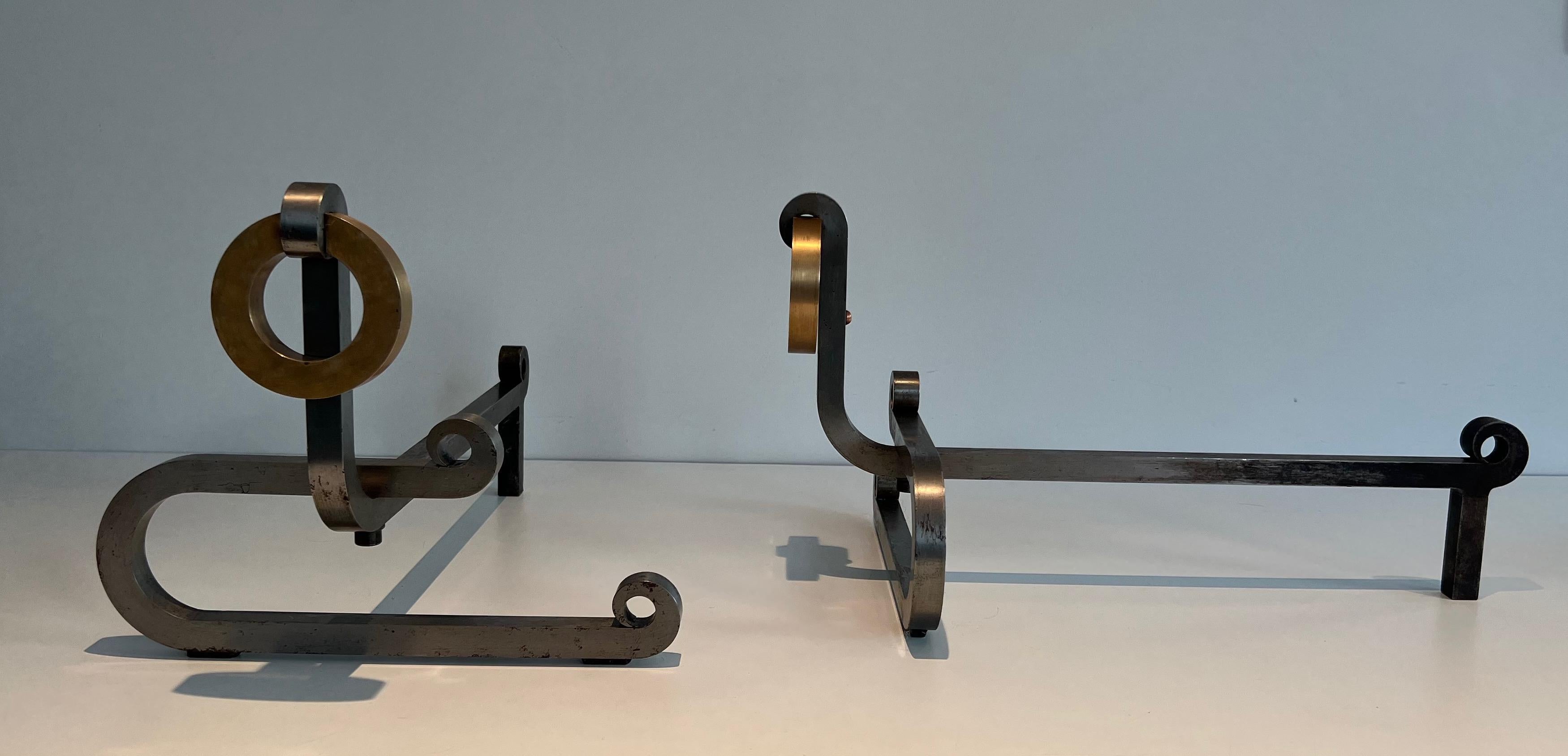 French Pair of Modernist Brushed Steel, Brass and Iron Andirons For Sale