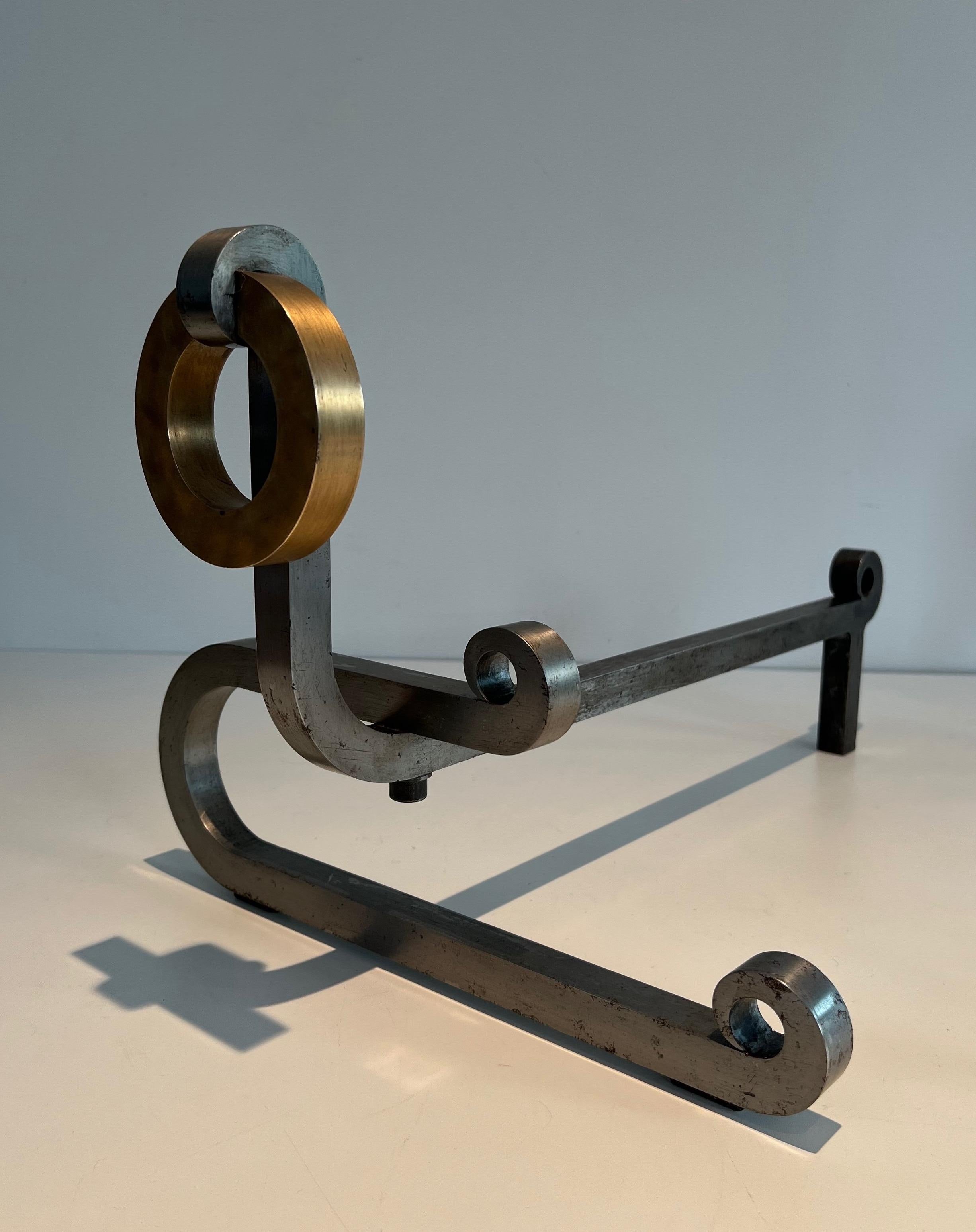 Pair of Modernist Brushed Steel, Brass and Iron Andirons For Sale 2