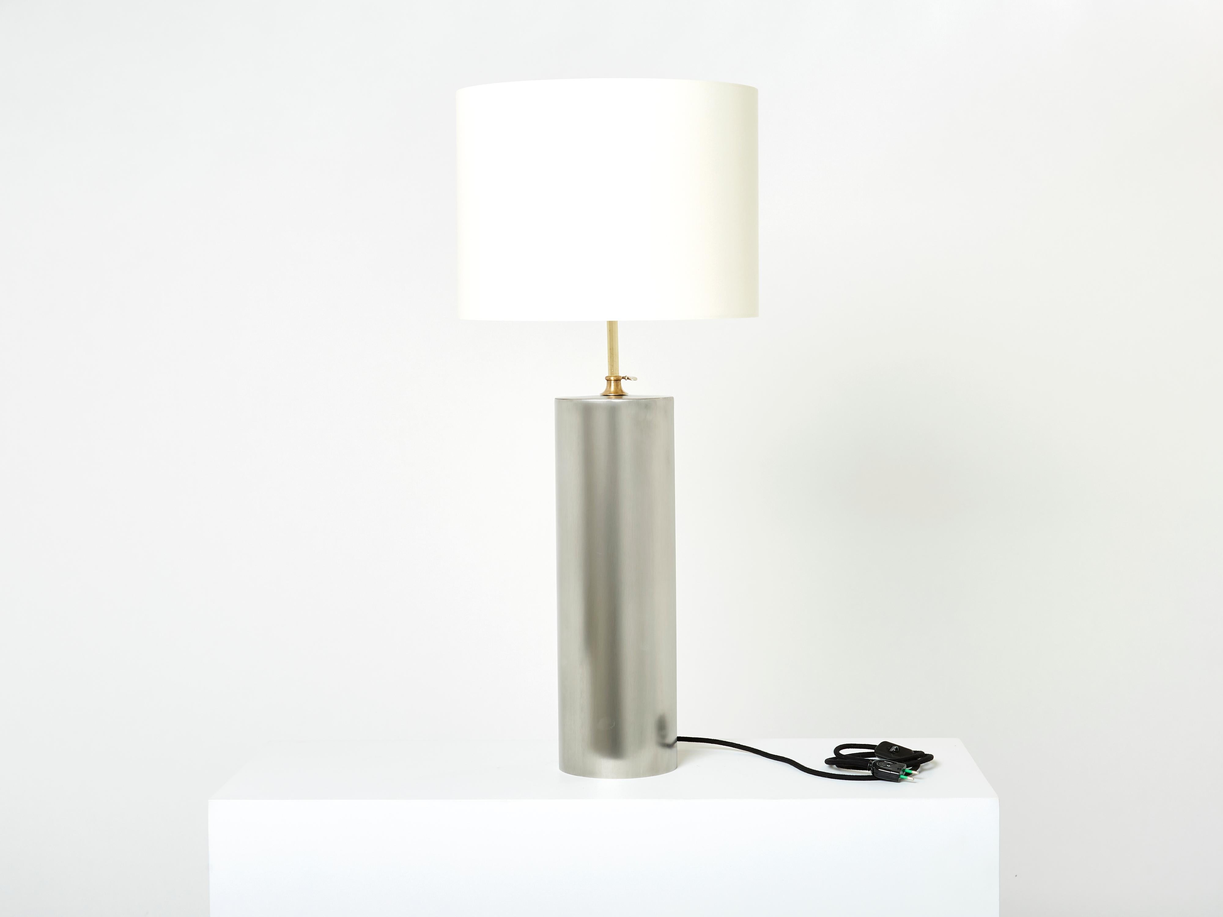 French Pair of Modernist Brushed Steel Lamps, 1966