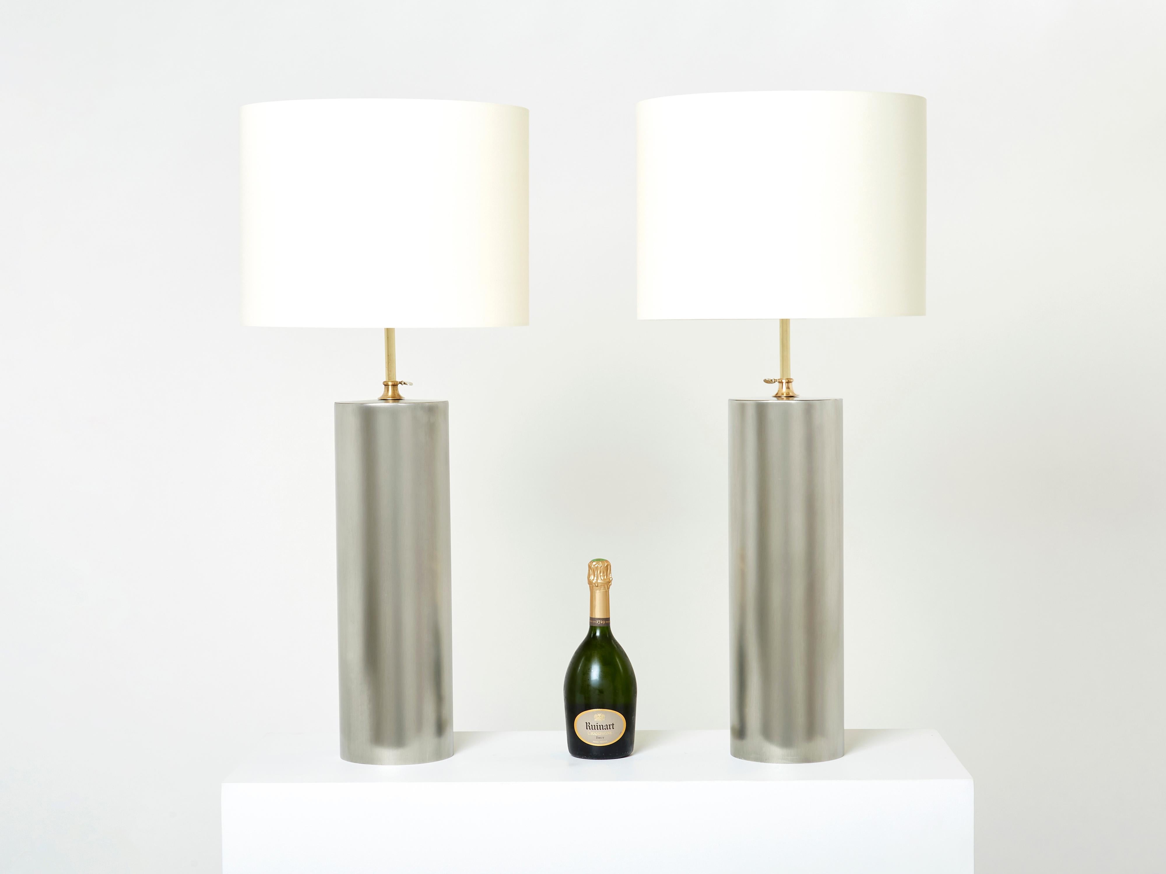 Pair of Modernist Brushed Steel Lamps, 1966 In Good Condition In Paris, IDF