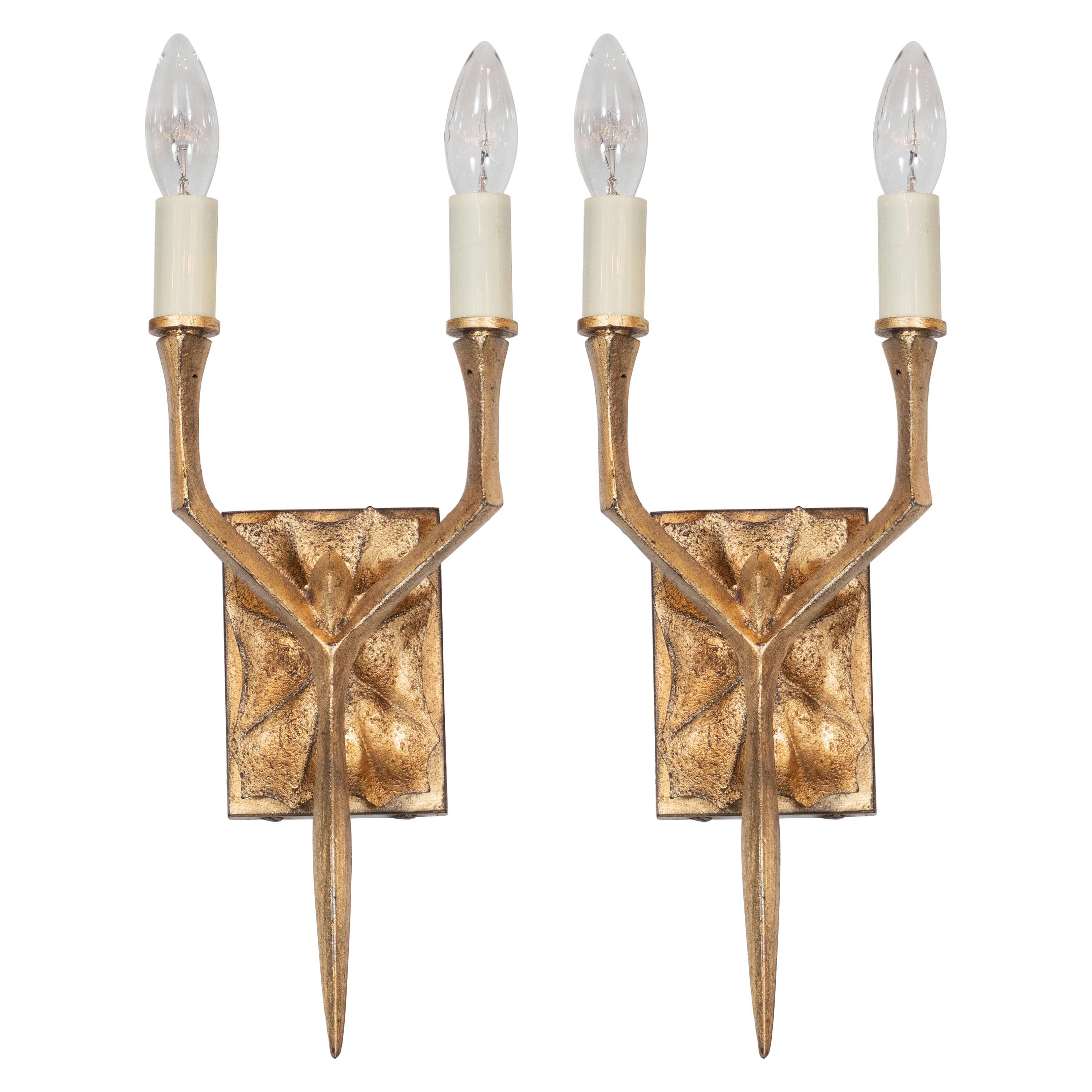 Pair of Modernist Brutalist 24-Karat Yellow Gold Gilded Two-Arm Branch Sconces For Sale