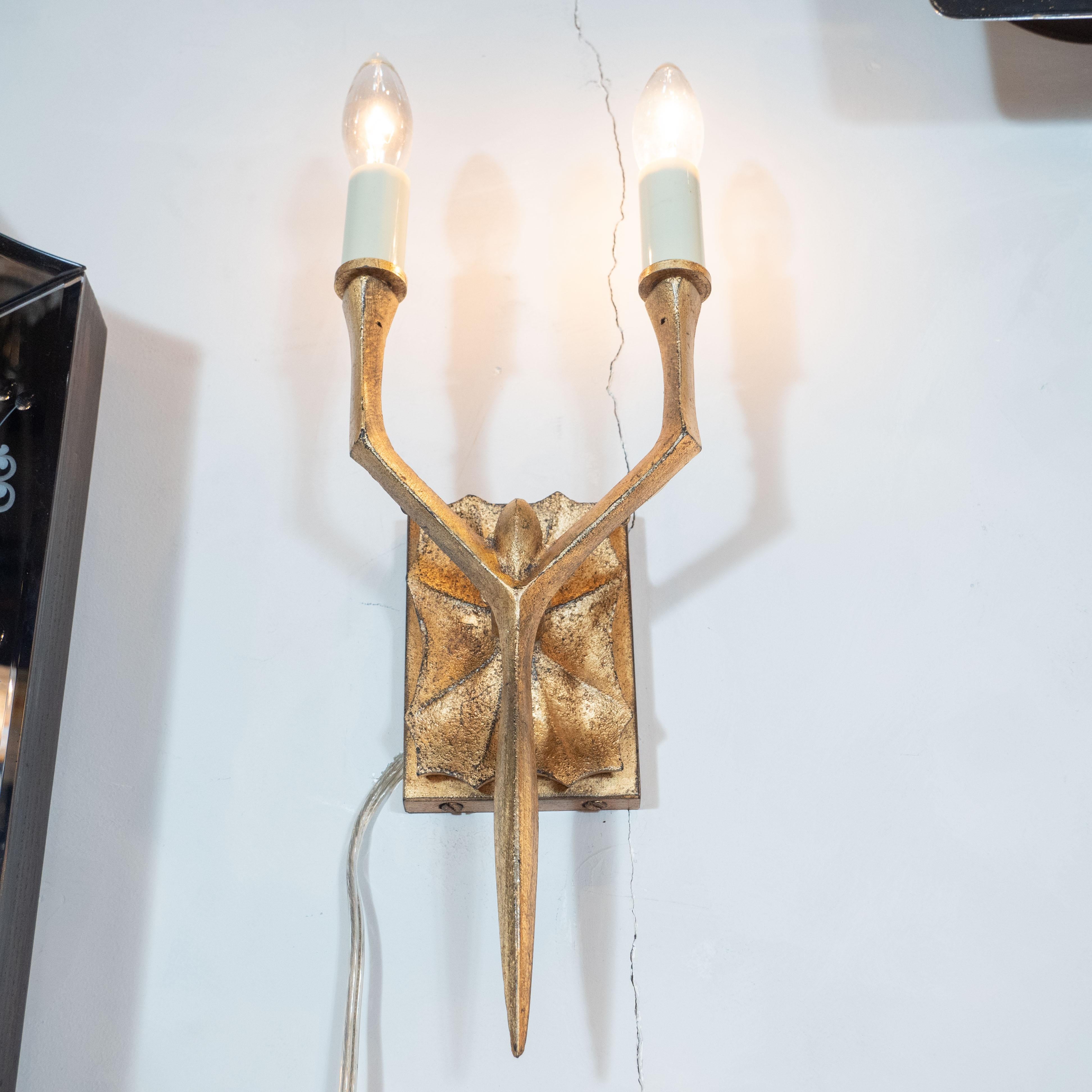 American Pair of Modernist Brutalist 24-Karat Yellow Gold Gilded Two-Arm Branch Sconces For Sale