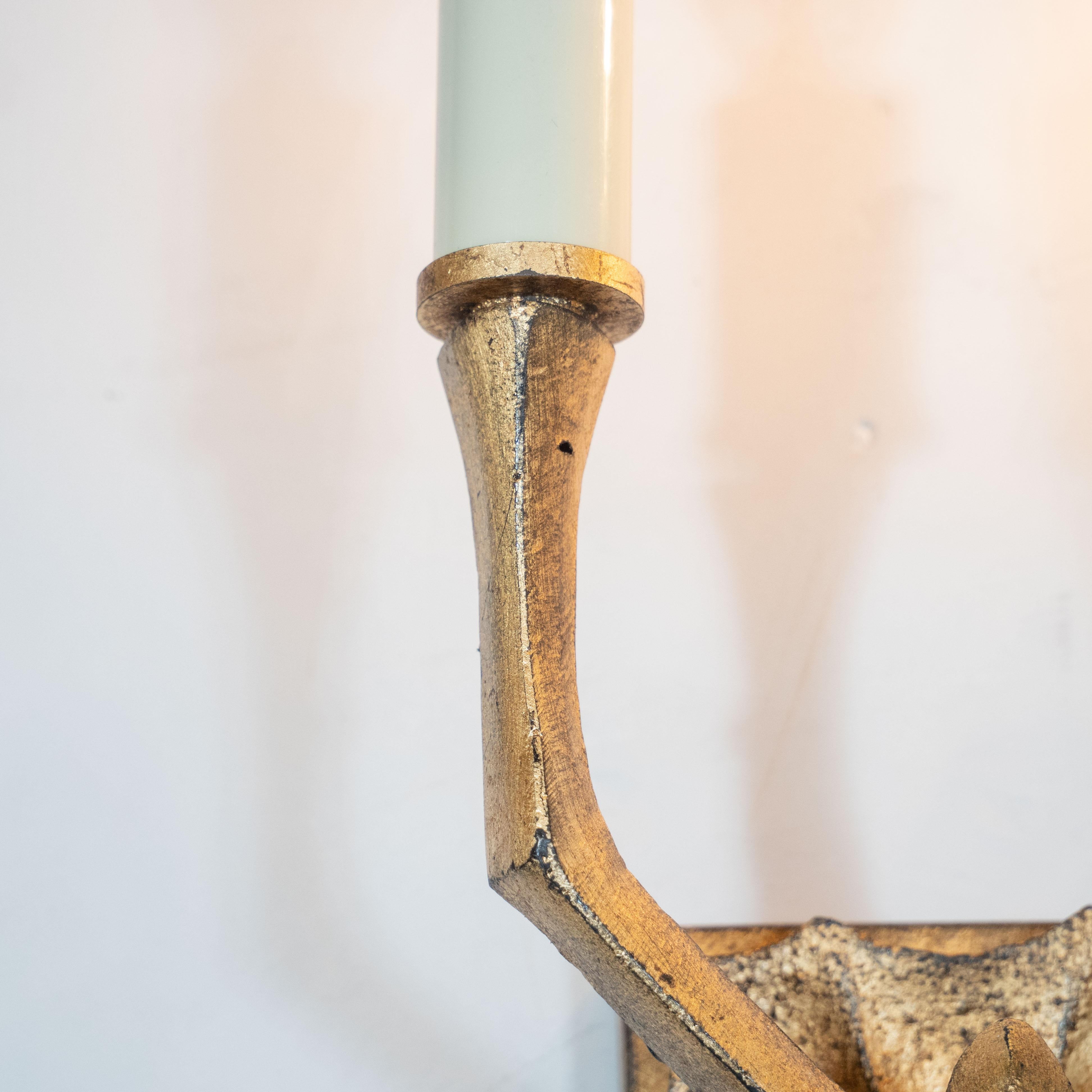 Pair of Modernist Brutalist 24-Karat Yellow Gold Gilded Two-Arm Branch Sconces For Sale 2
