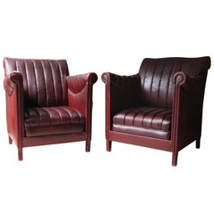 Vintage Pair of Modernist Burgundy Armchairs
