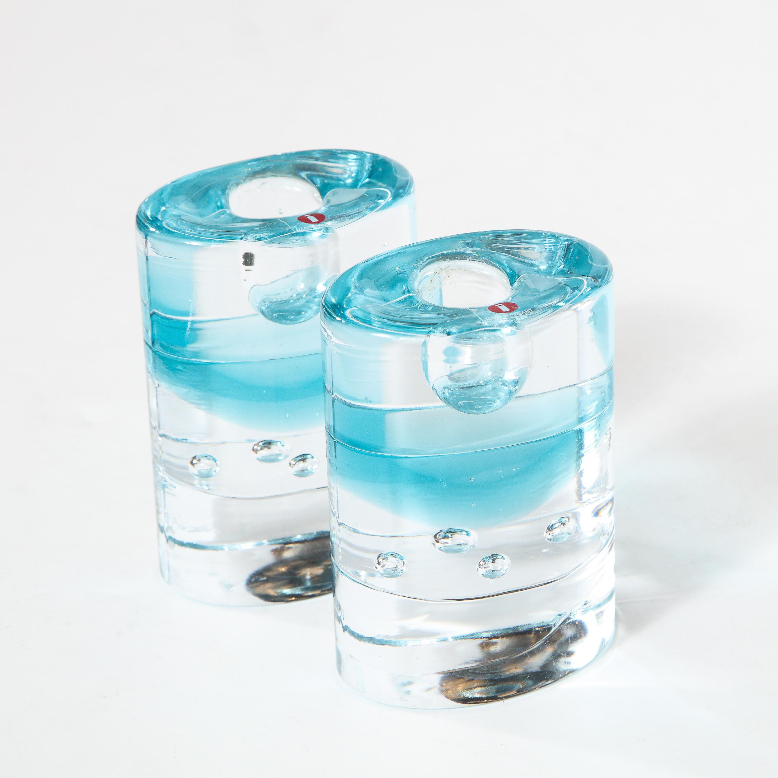 Pair of Modernist Candlesticks in Translucent and Acquamarine Glass by Littala For Sale 5