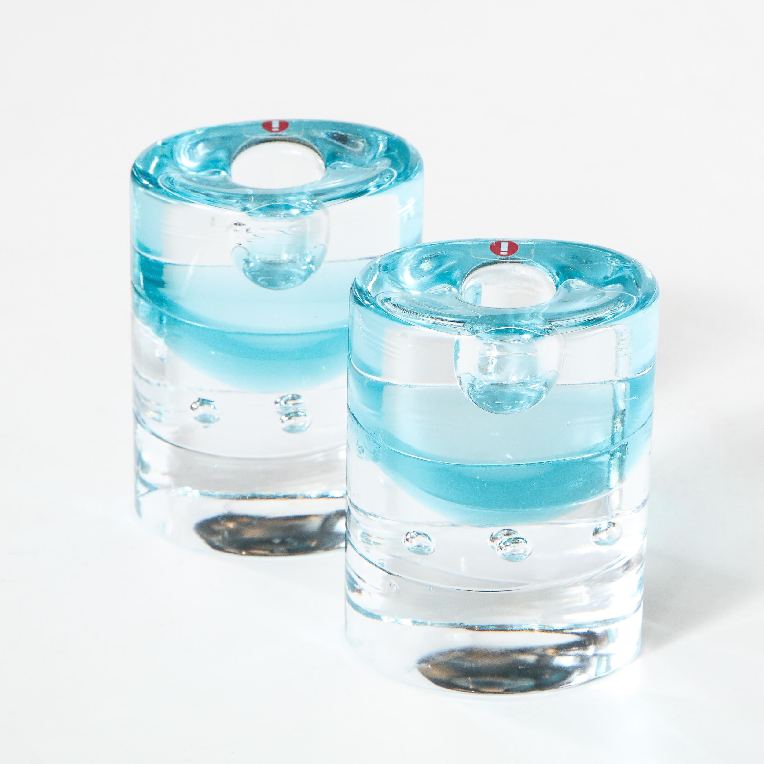 Pair of Modernist Candlesticks in Translucent and Acquamarine Glass by Littala For Sale 6