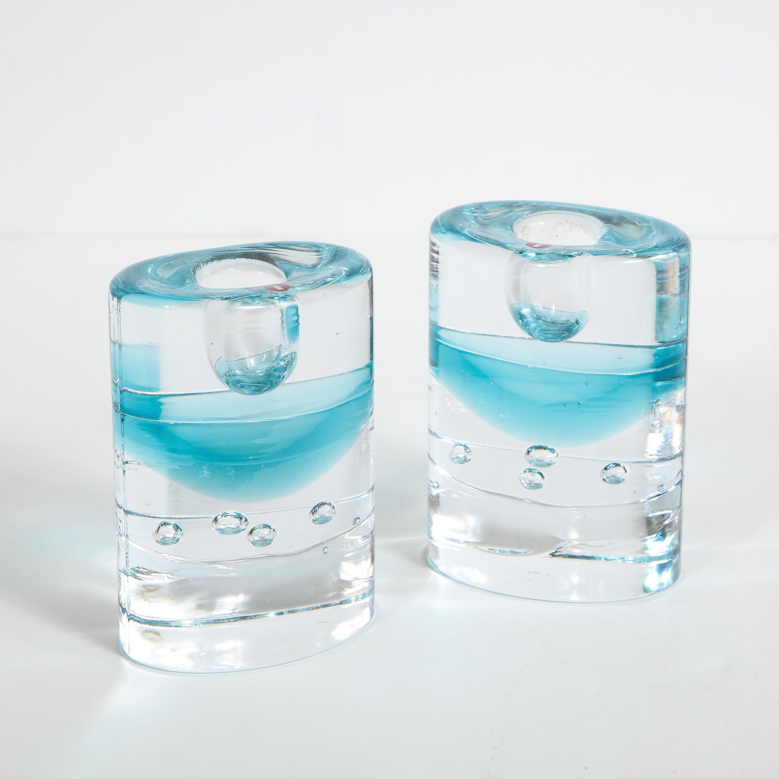 Finnish Pair of Modernist Candlesticks in Translucent and Acquamarine Glass by Littala For Sale