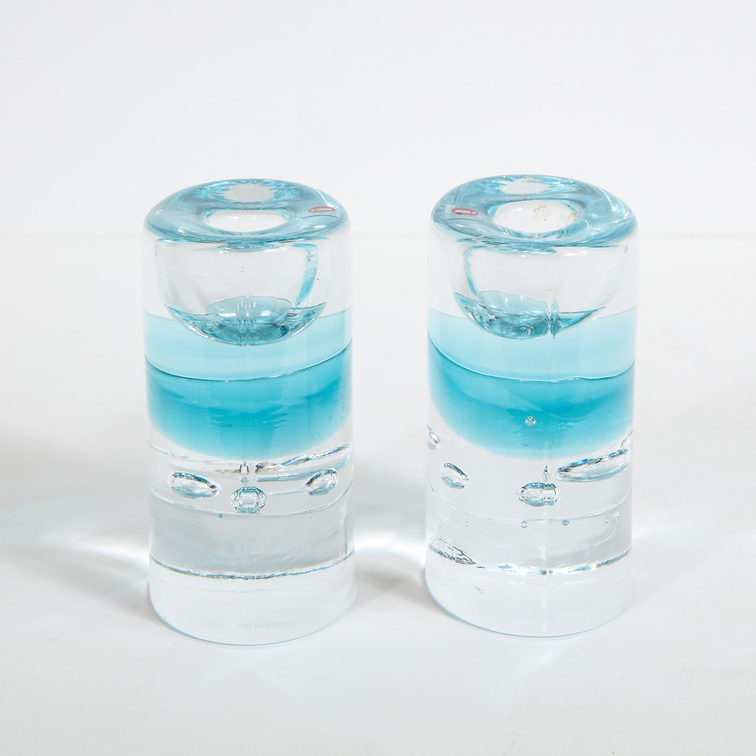 Pair of Modernist Candlesticks in Translucent and Acquamarine Glass by Littala In Excellent Condition For Sale In New York, NY