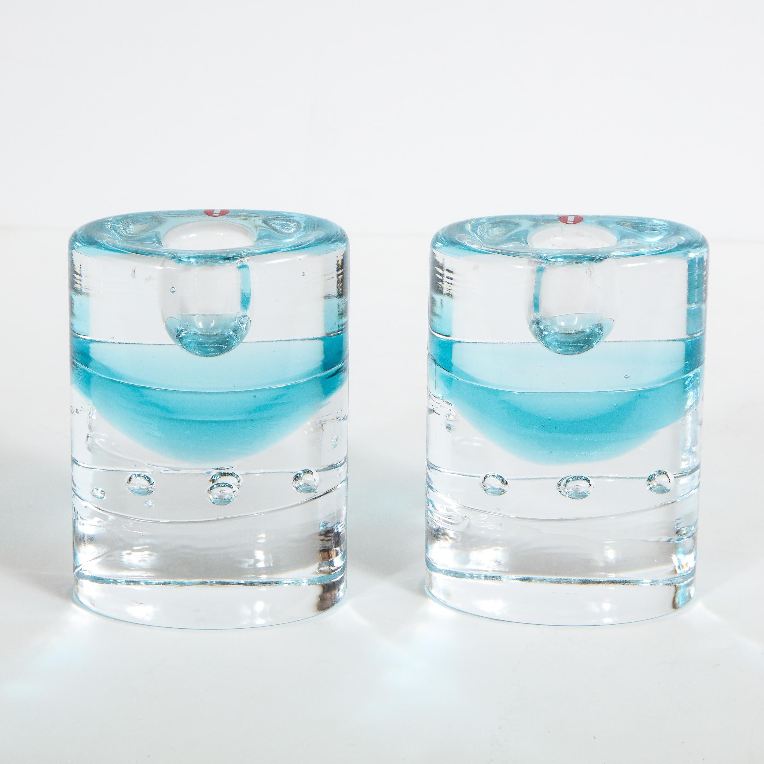 20th Century Pair of Modernist Candlesticks in Translucent and Acquamarine Glass by Littala For Sale
