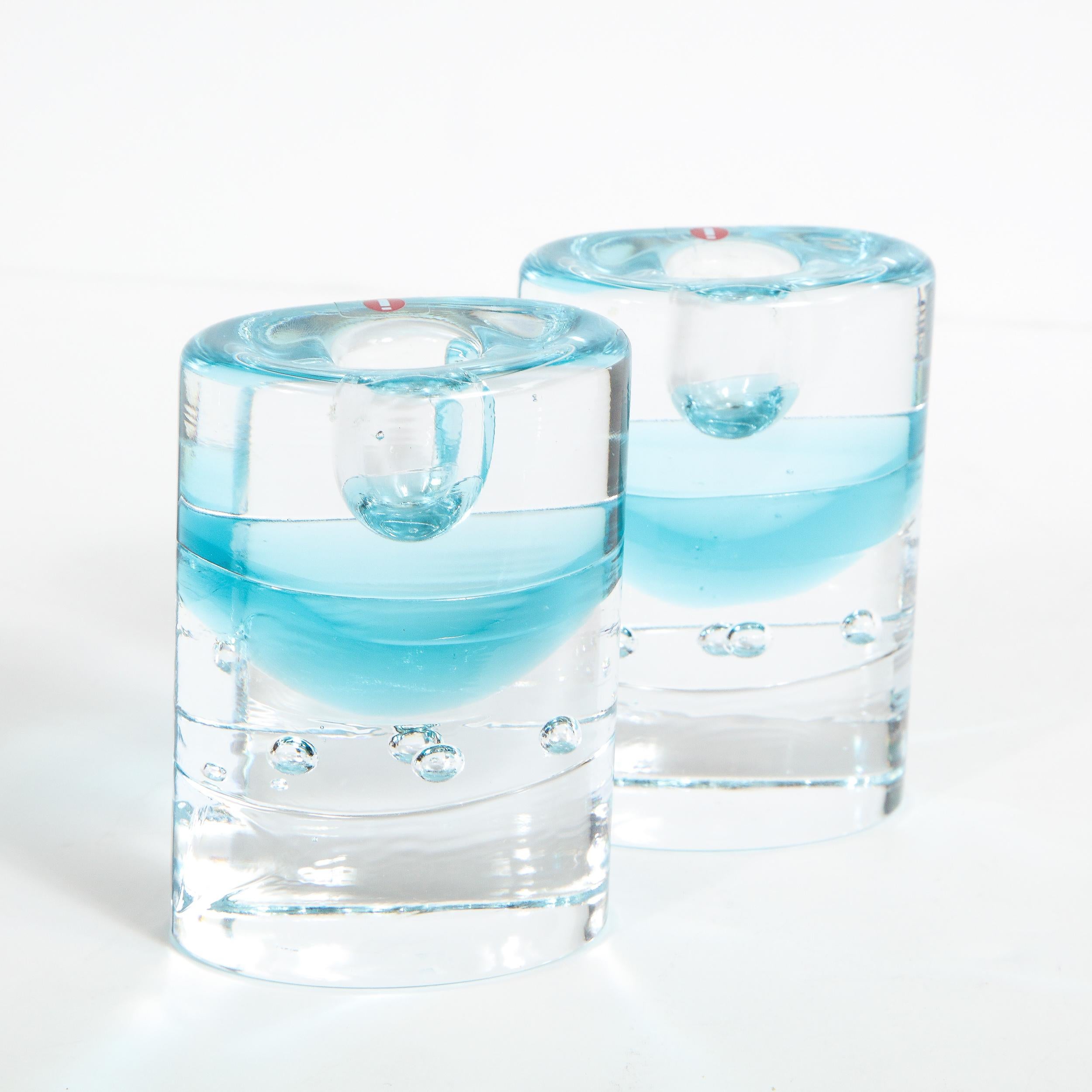 Murano Glass Pair of Modernist Candlesticks in Translucent and Acquamarine Glass by Littala For Sale