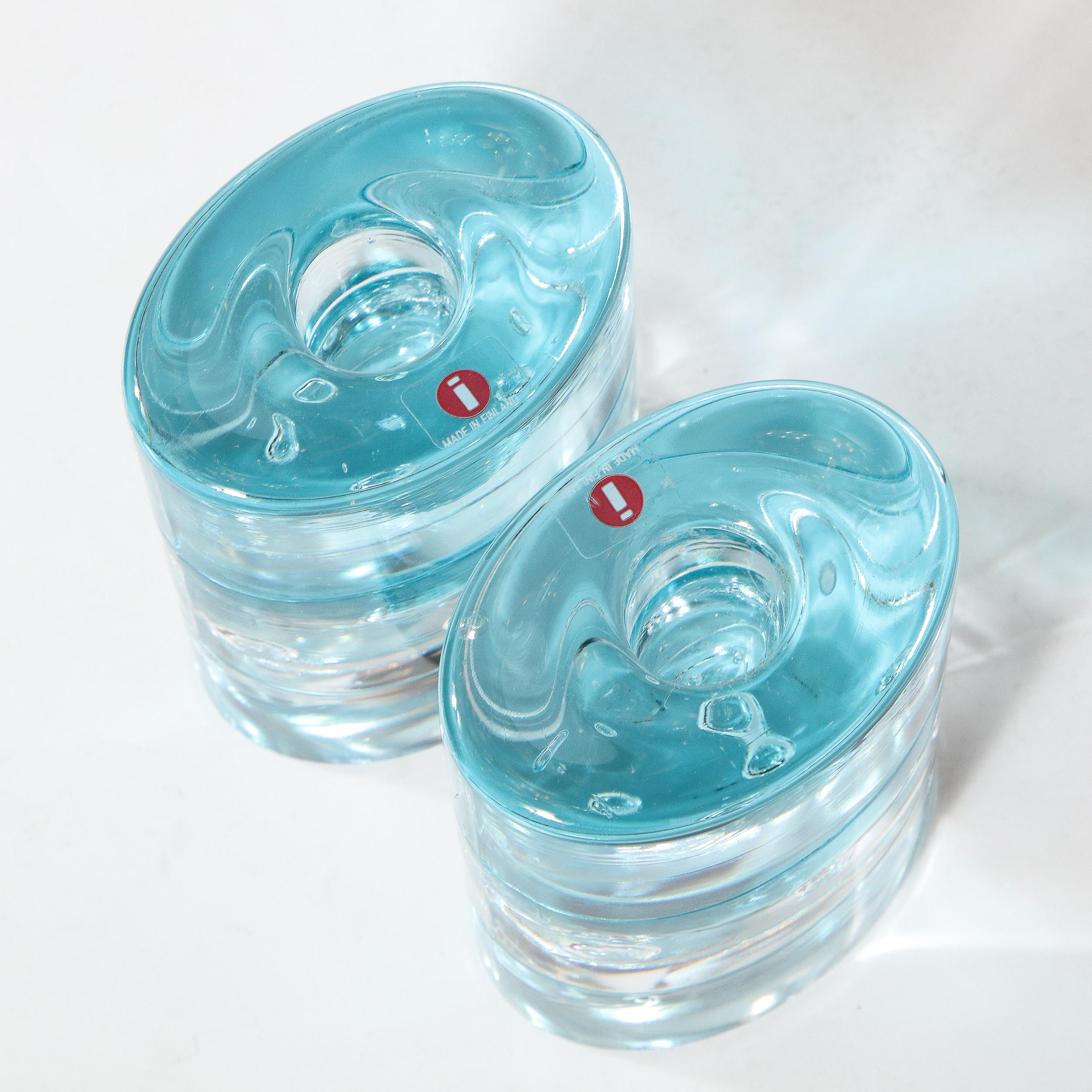 Pair of Modernist Candlesticks in Translucent and Acquamarine Glass by Littala For Sale 3