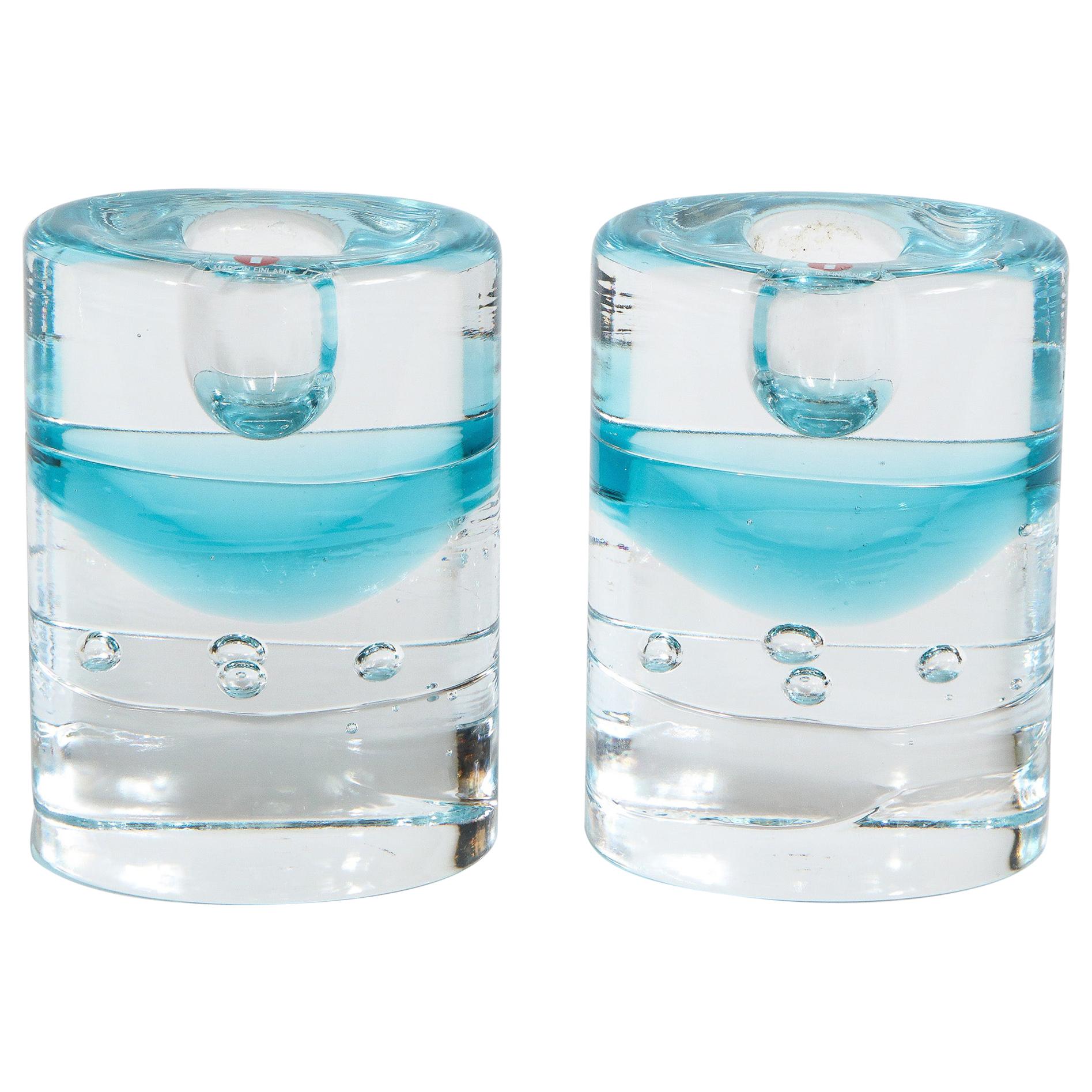 Pair of Modernist Candlesticks in Translucent and Acquamarine Glass by Littala For Sale