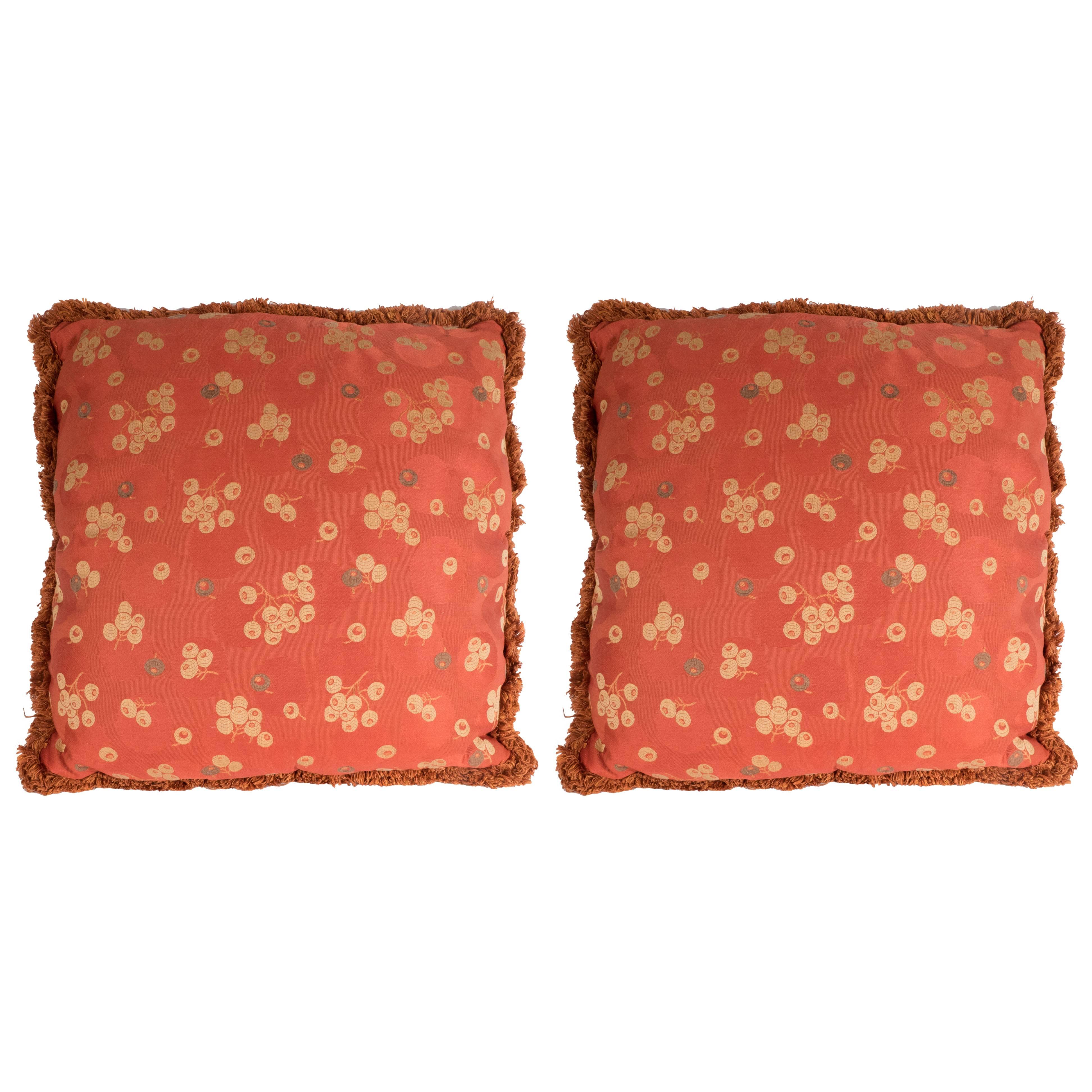 Pair of Modernist Carnelian Red and Tan Japonisme Inspired Pillows