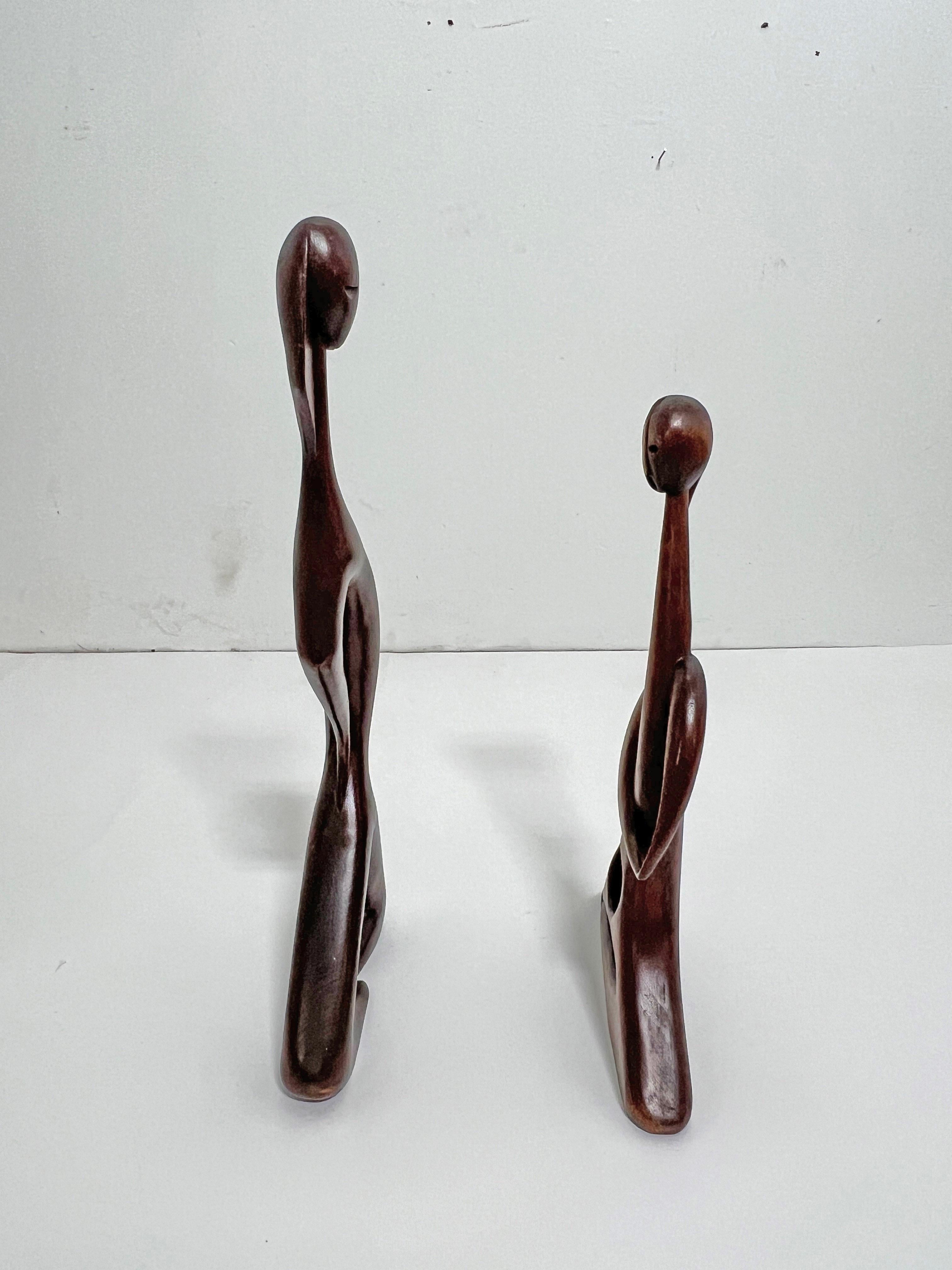 Mahogany Pair of Modernist Carved Abstract Figural Scuptures by Stella Popowski, C. 1950s For Sale