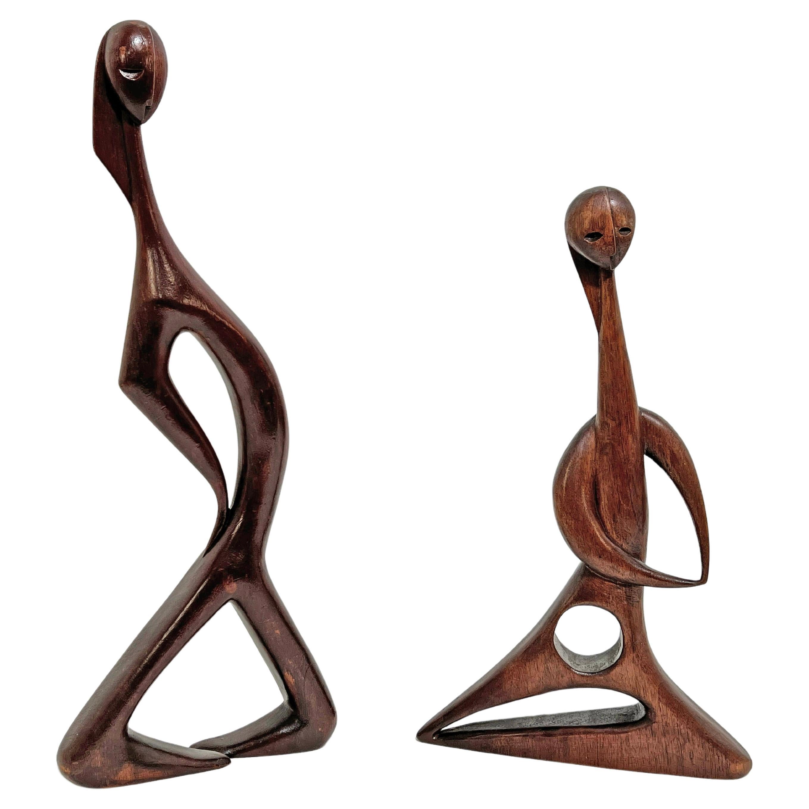 Pair of Modernist Carved Abstract Figural Scuptures by Stella Popowski, C. 1950s For Sale