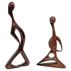 Retro Pair of Modernist Carved Abstract Figural Scuptures by Stella Popowski, C. 1950s