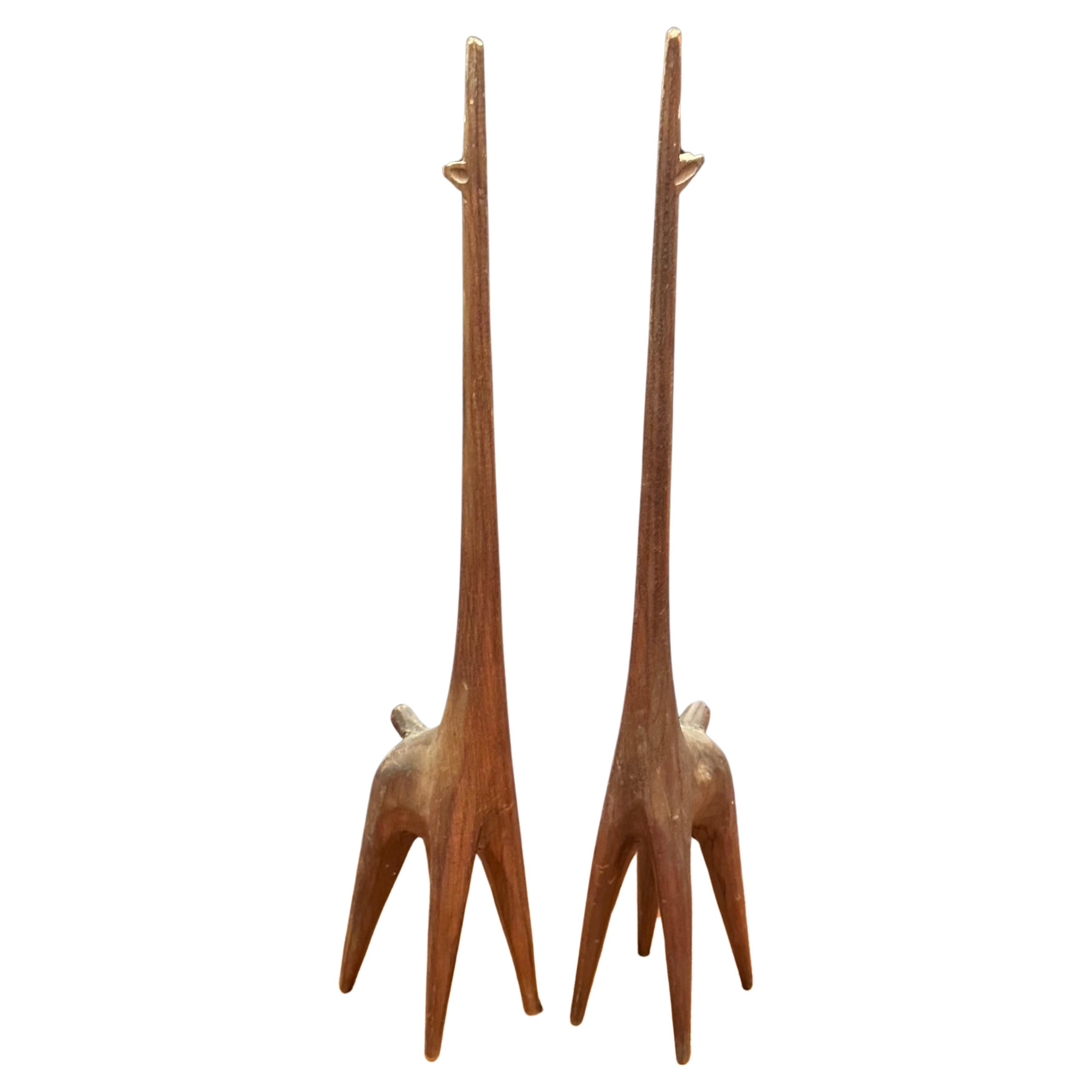 Pair of Modernist Carved Wood Giraffe Sculptures 