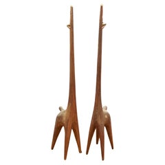 Vintage Pair of Modernist Carved Wood Giraffe Sculptures 