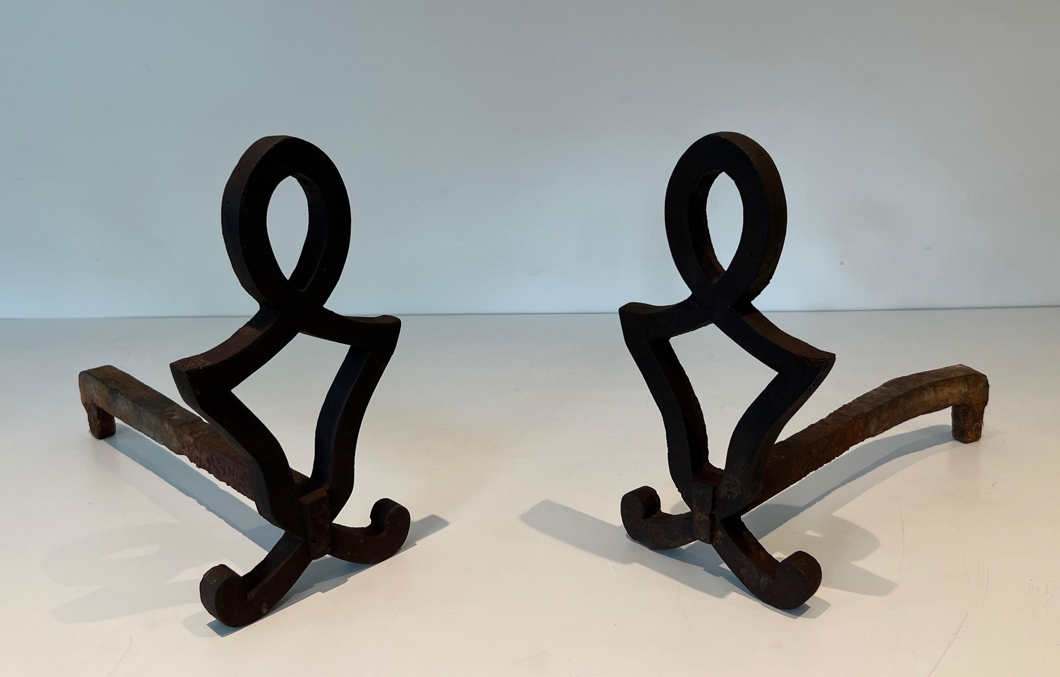 Pair of Modernist Cast Iron and Wrought Iron Andirons by Raymond Subes For Sale 4