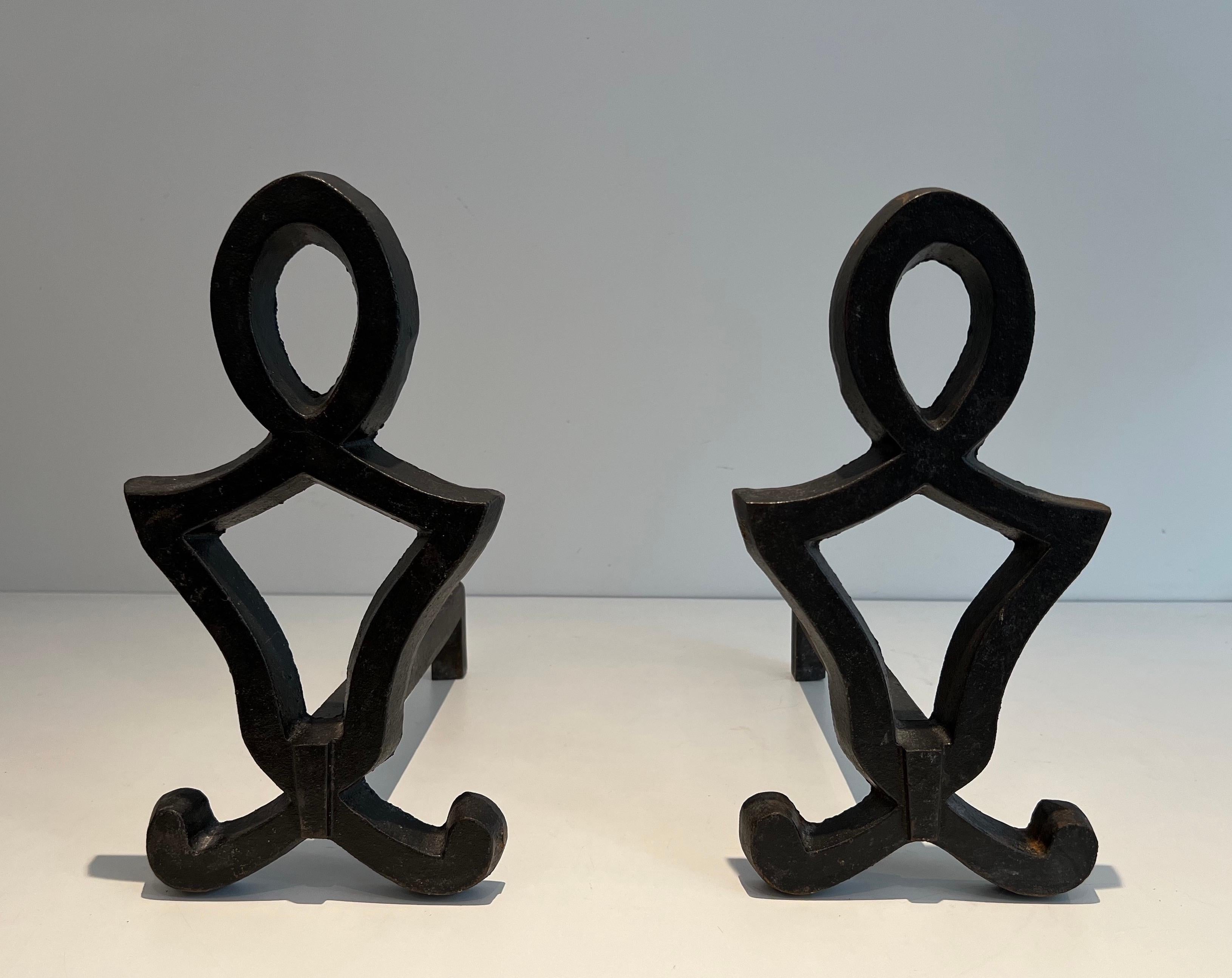 Pair of Modernist Cast Iron and Wrought Iron Andirons by Raymond Subes For Sale 5