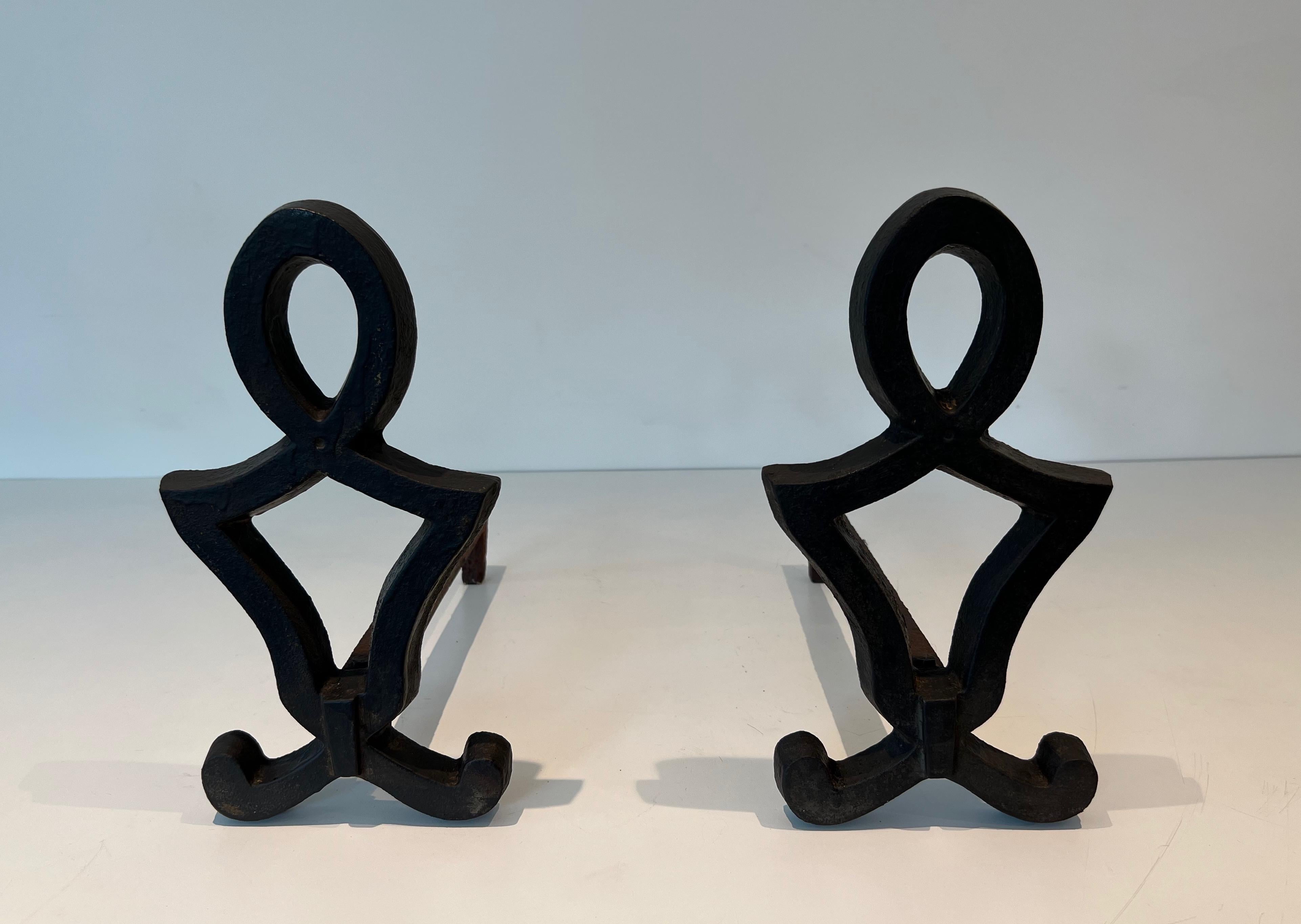 Pair of Modernist Cast Iron and Wrought Iron Andirons by Raymond Subes For Sale 6