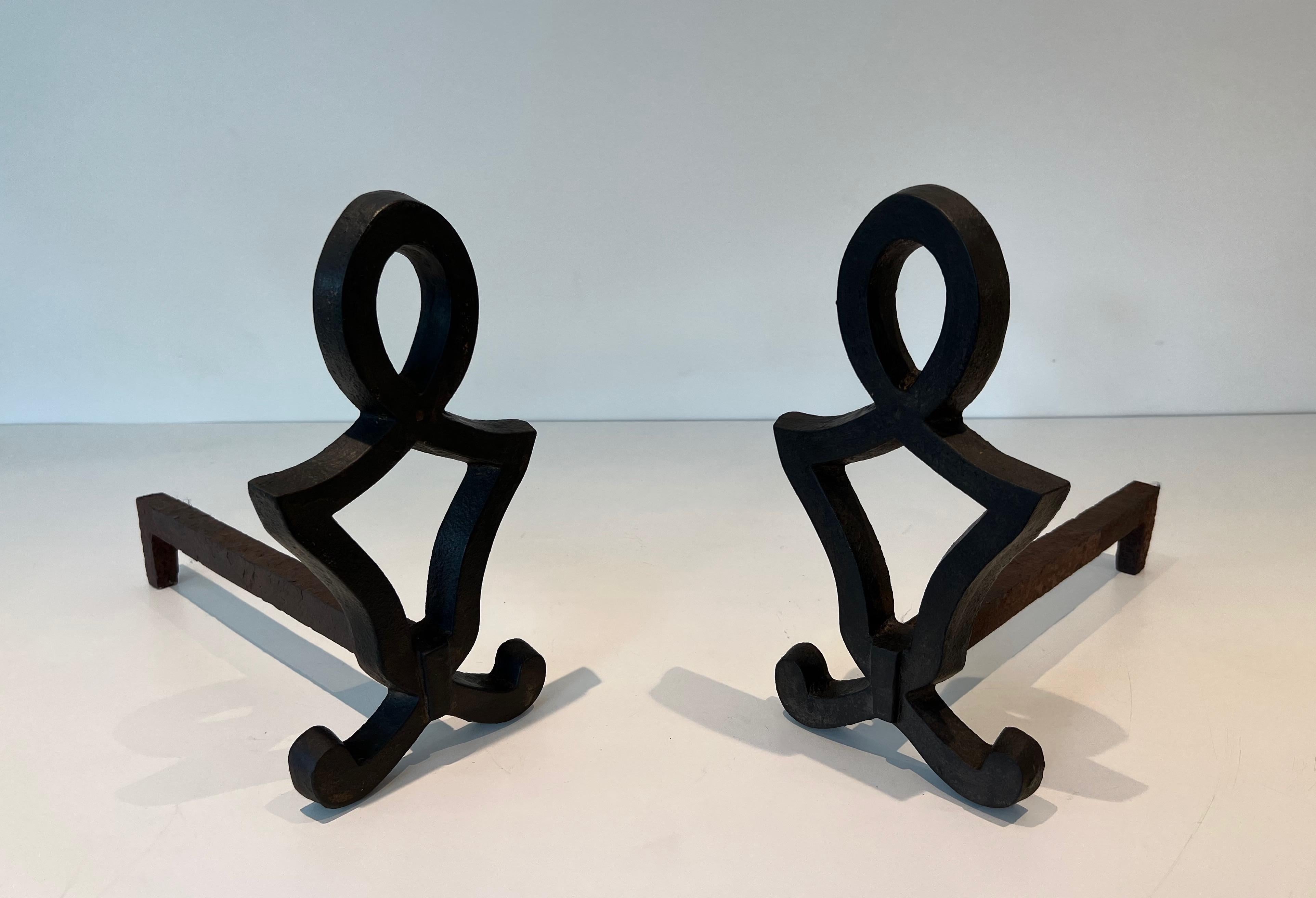 Pair of Modernist Cast Iron and Wrought Iron Andirons by Raymond Subes For Sale 7