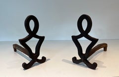 Pair of Modernist Cast Iron and Wrought Iron Andirons by Raymond Subes