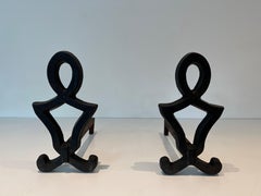 Pair of Modernist Cast Iron and Wrought Iron Andirons by Raymond Subes