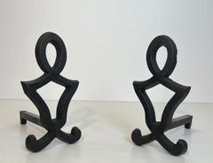 Pair of Modernist Cast Iron and Wrought Iron Andirons by Raymond Subes