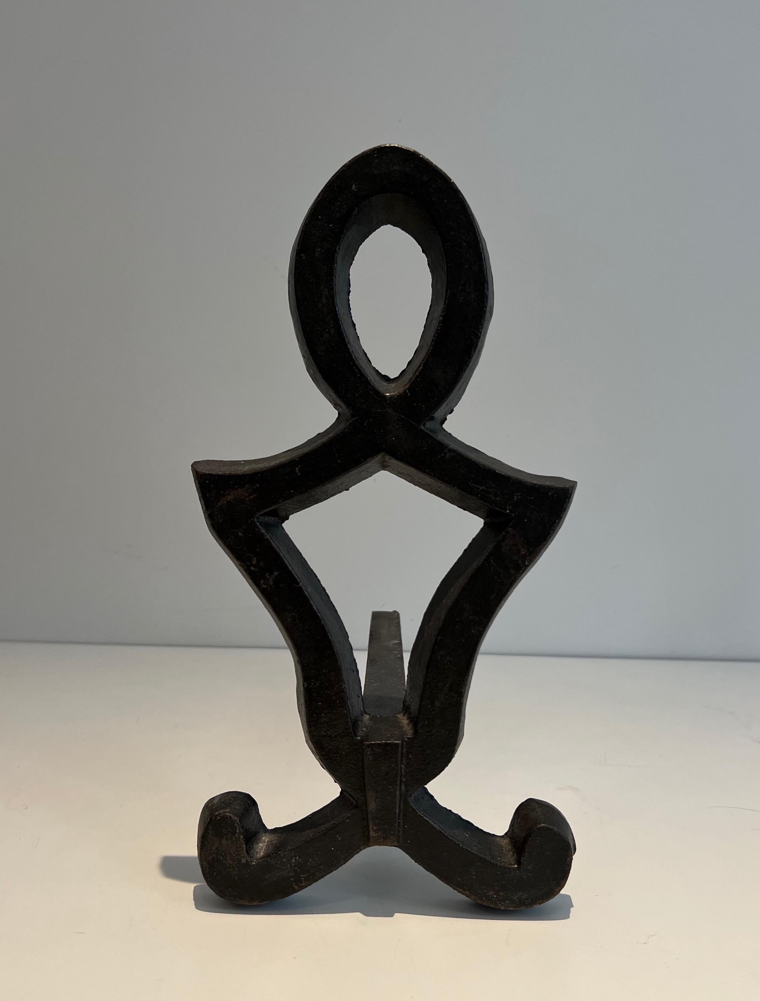 French Pair of Modernist Cast Iron and Wrought Iron Andirons by Raymond Subes For Sale