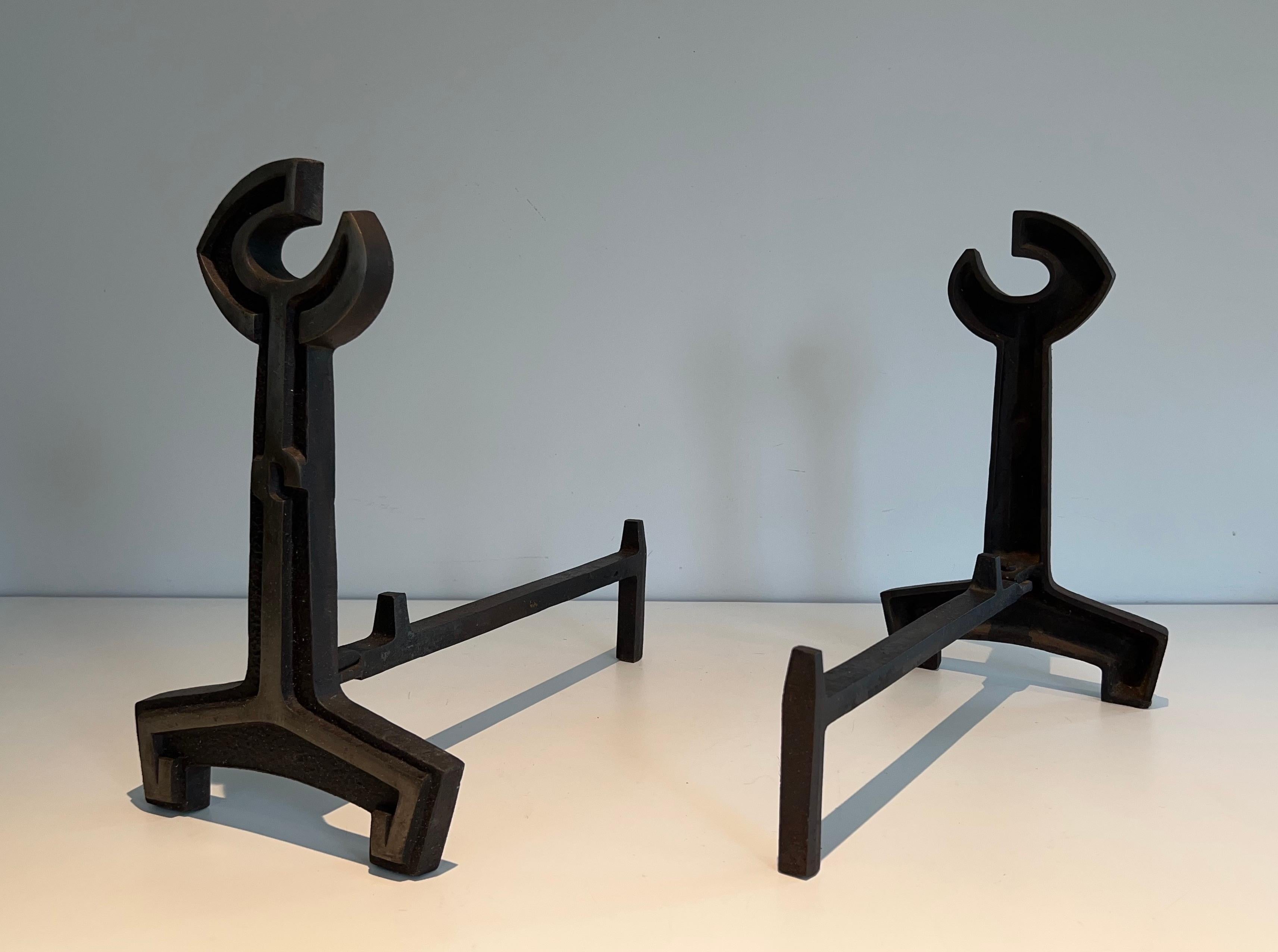Pair of Modernist Cast Iron and Wrought Iron Andirons For Sale 4