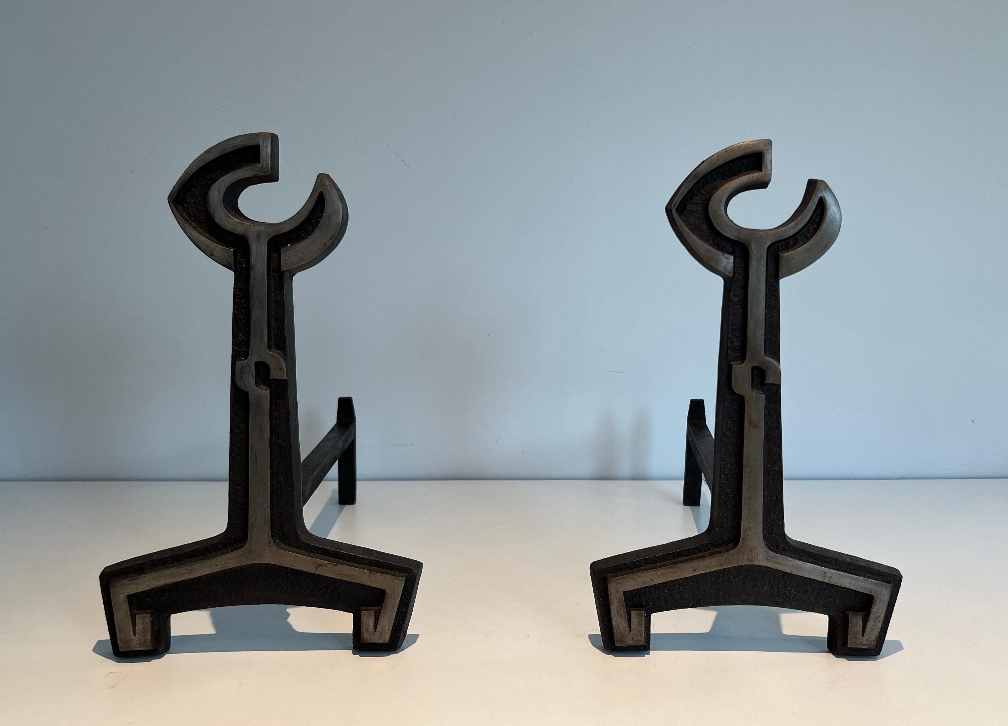 Pair of Modernist Cast Iron and Wrought Iron Andirons For Sale 5