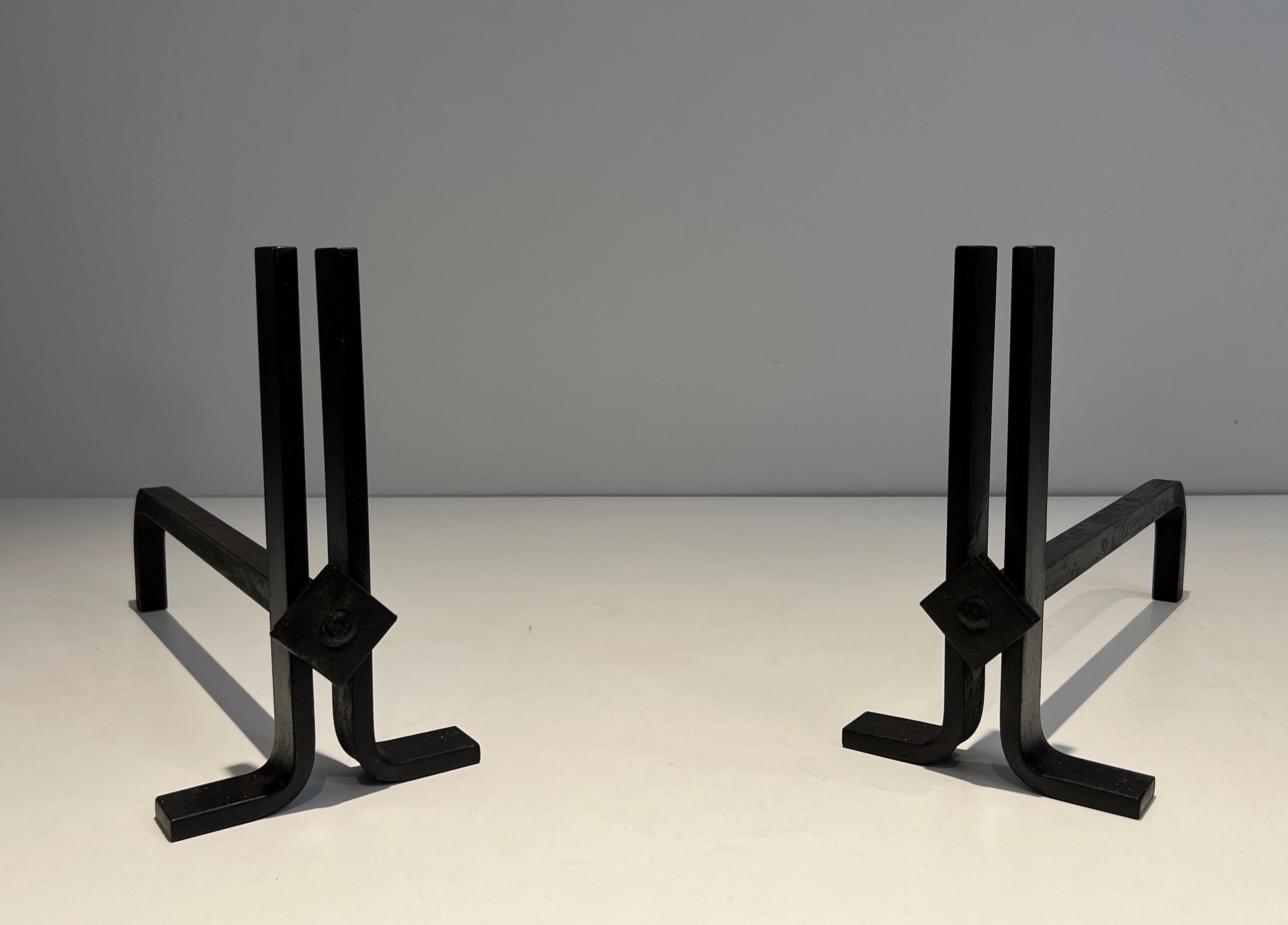Pair of Modernist Cast Iron and Wrought Iron Andirons For Sale 5