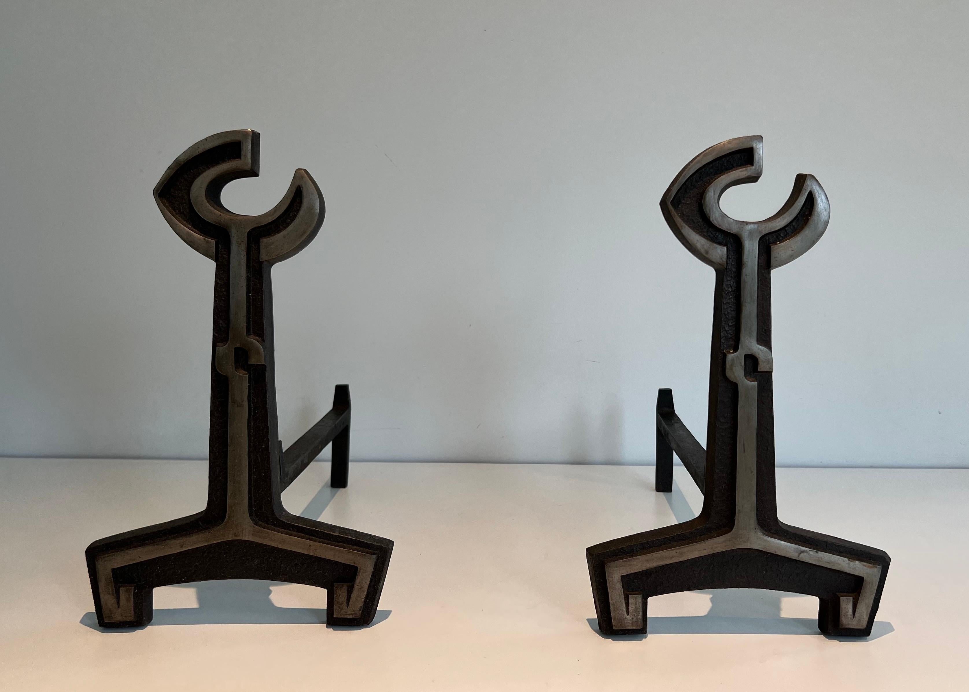 Pair of Modernist Cast Iron and Wrought Iron Andirons For Sale 6