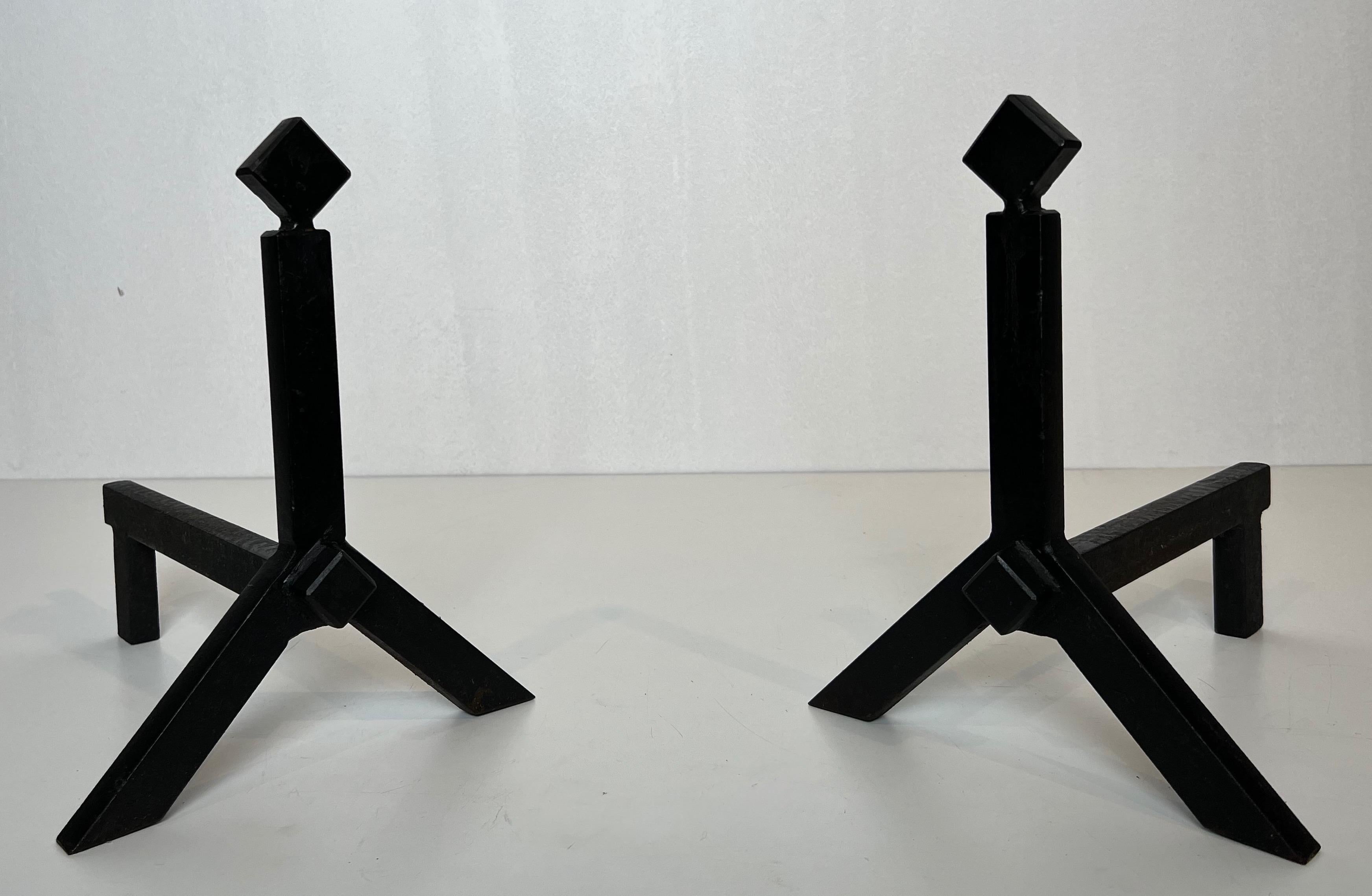 Pair of Modernist Cast Iron and Wrought Iron Andirons For Sale 6