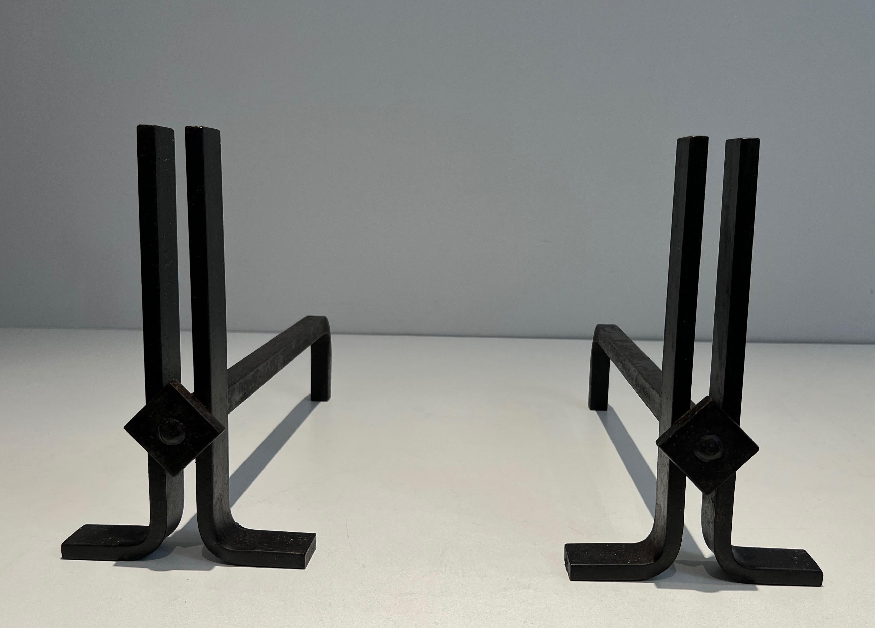 Pair of Modernist Cast Iron and Wrought Iron Andirons For Sale 7