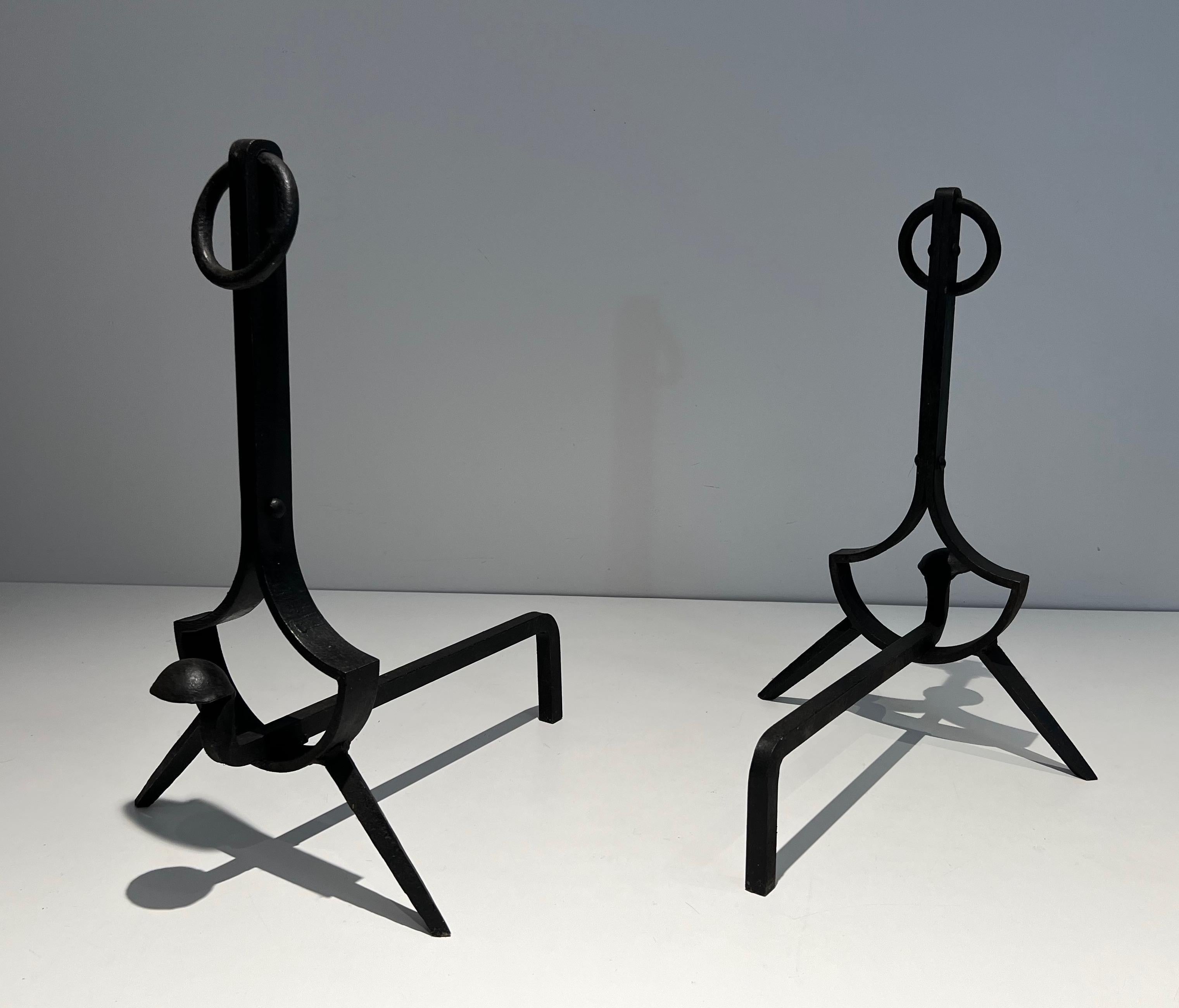 Pair of Modernist Cast Iron and Wrought Iron Andirons For Sale 7