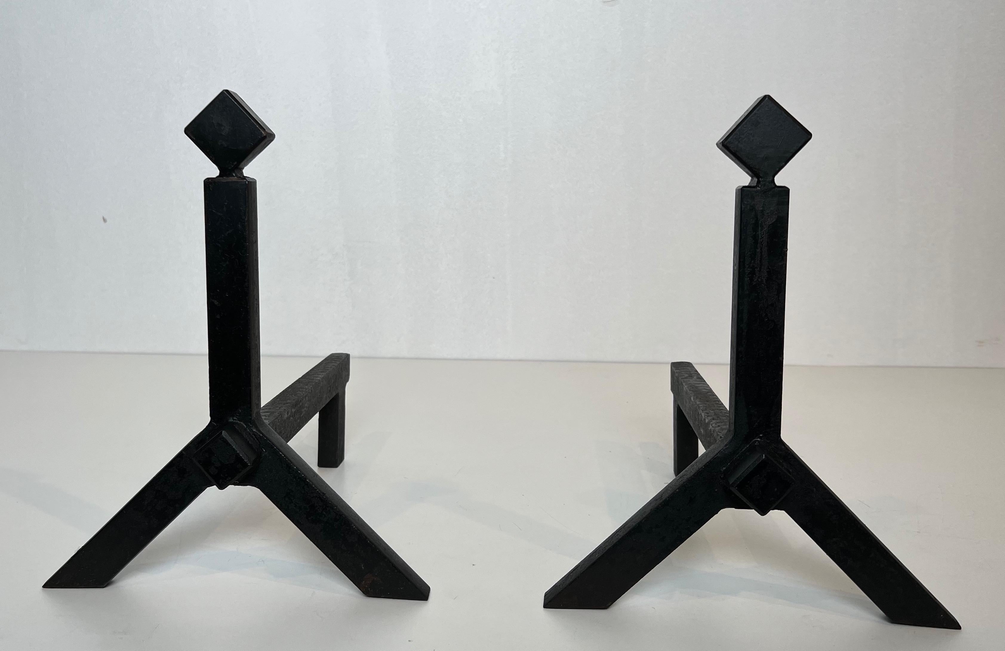 Pair of Modernist Cast Iron and Wrought Iron Andirons For Sale 7