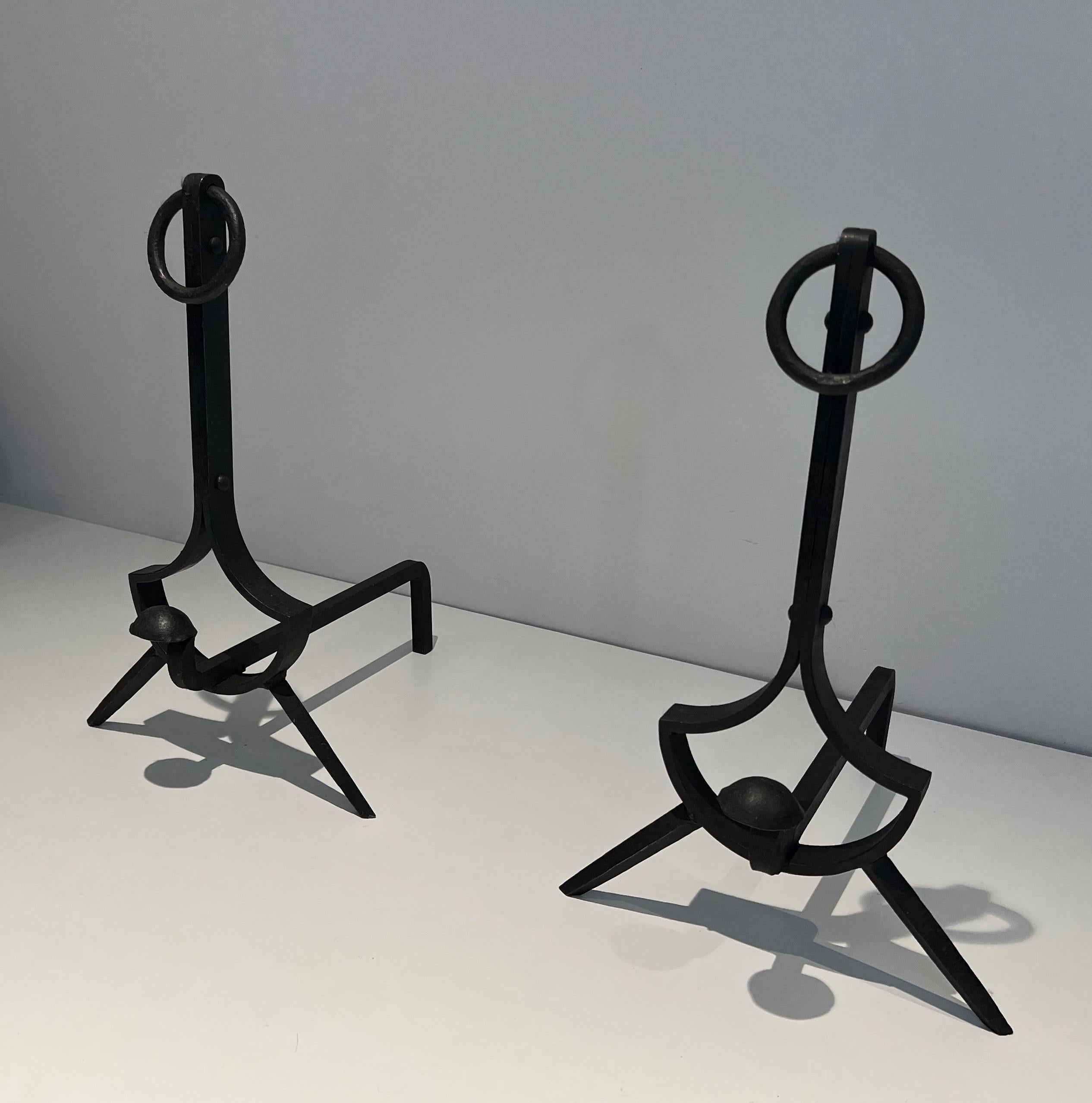 Pair of Modernist Cast Iron and Wrought Iron Andirons For Sale 8