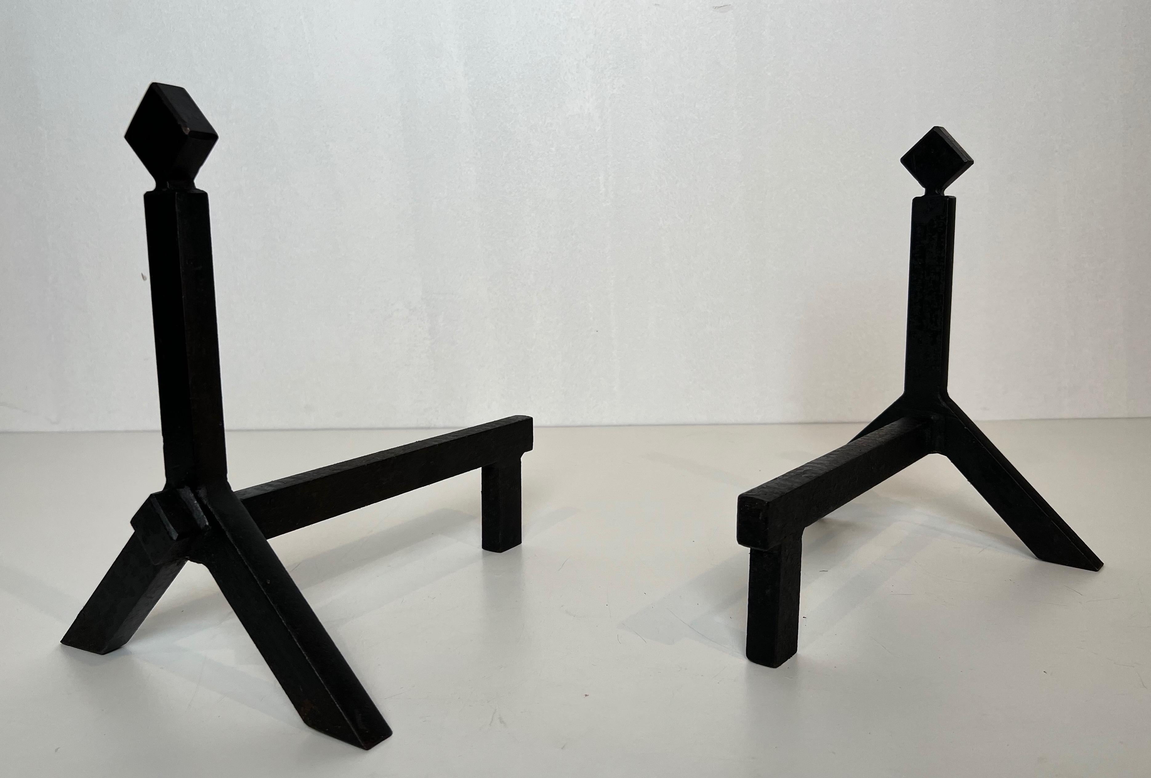 Pair of Modernist Cast Iron and Wrought Iron Andirons For Sale 8