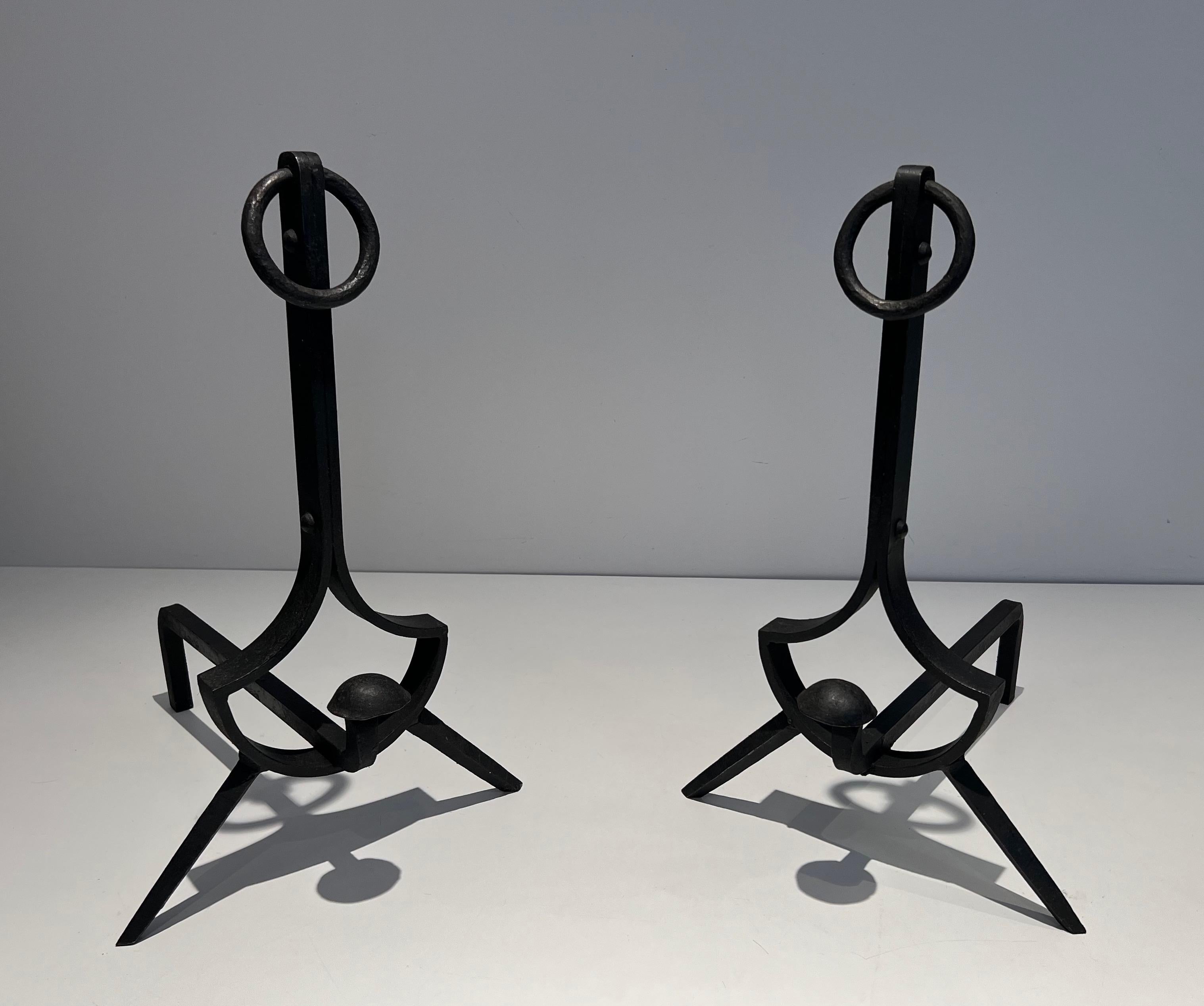 Pair of Modernist Cast Iron and Wrought Iron Andirons For Sale 9