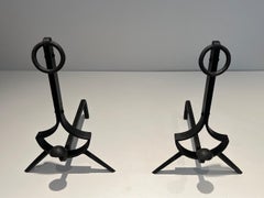 Pair of Modernist Cast Iron and Wrought Iron Andirons