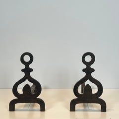 Pair of Modernist Cast Iron and Wrought Iron Andirons