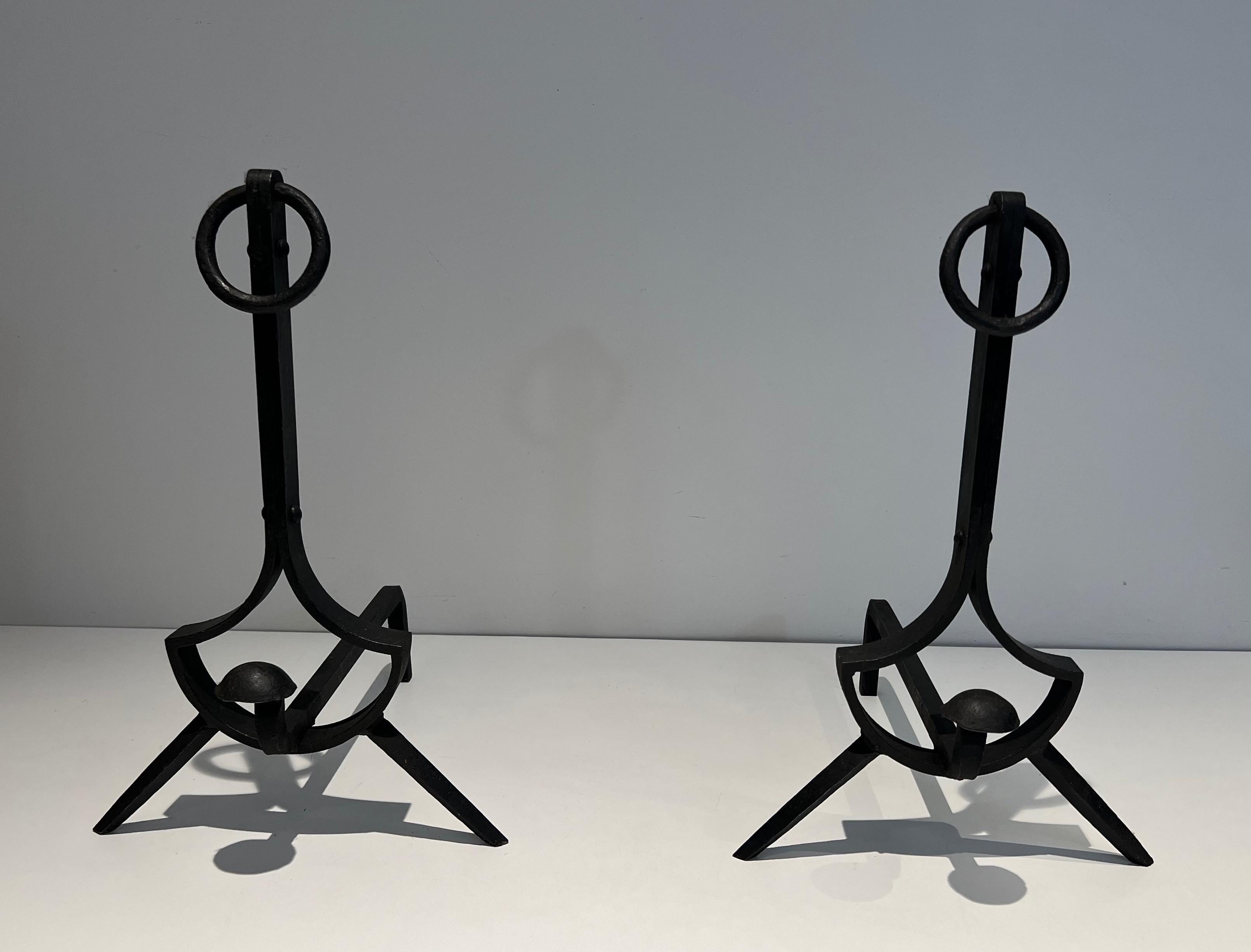 Pair of Modernist Cast Iron and Wrought Iron Andirons For Sale 14