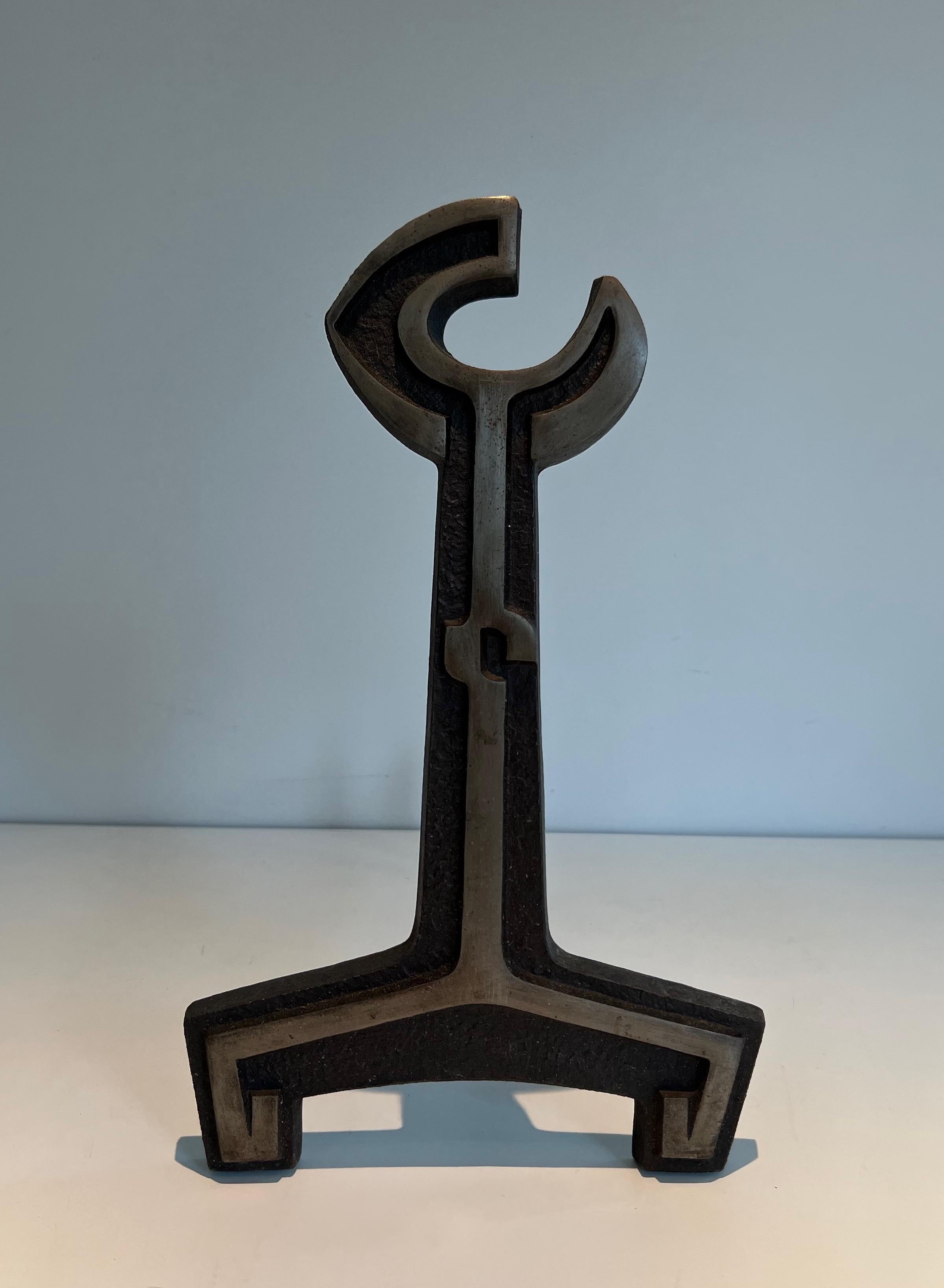 Industrial Pair of Modernist Cast Iron and Wrought Iron Andirons For Sale