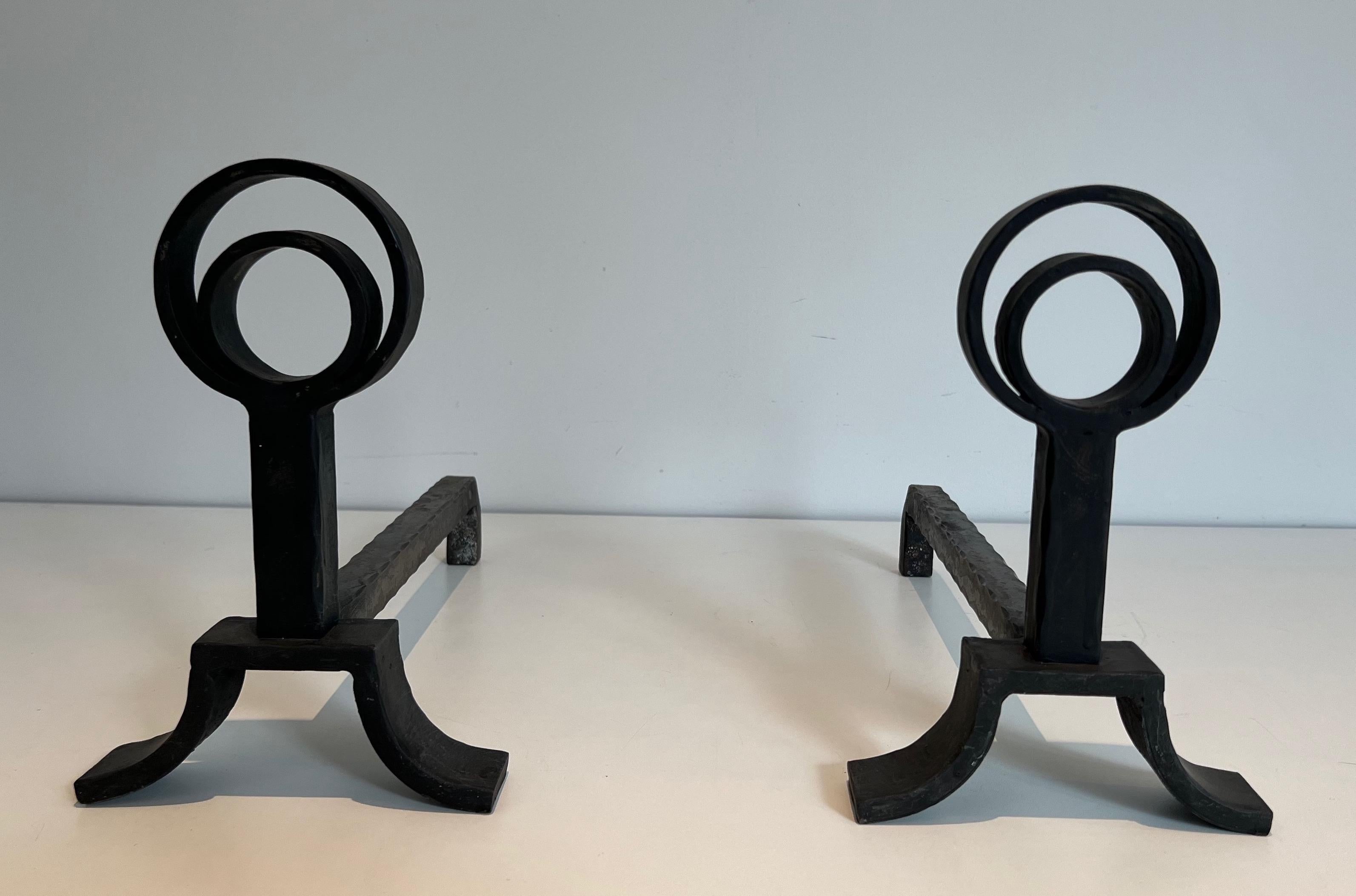 Mid-Century Modern Pair of Modernist Cast Iron and Wrought Iron Andirons For Sale